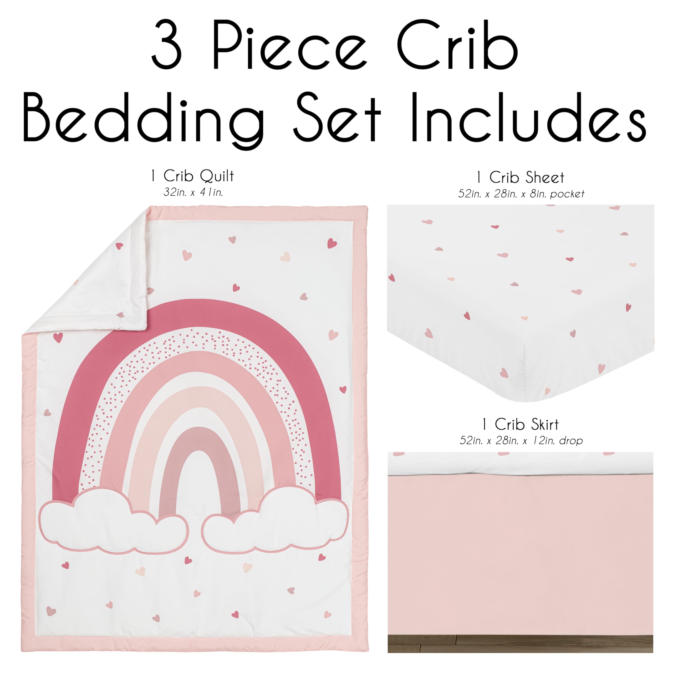 Sweet Jojo Designs Pink Boho Rainbow & Hearts Baby Crib Bedding Set - 3 Piece Nursery Set with Blanket, Fitted Sheet & Skirt | Blush Mauve Shabby Chic Bohemian Cloud Dusty Rose Polka Dot Heart | Perfect for Nursery Decor, Baby Shower Gifts & Newborn Room Styling