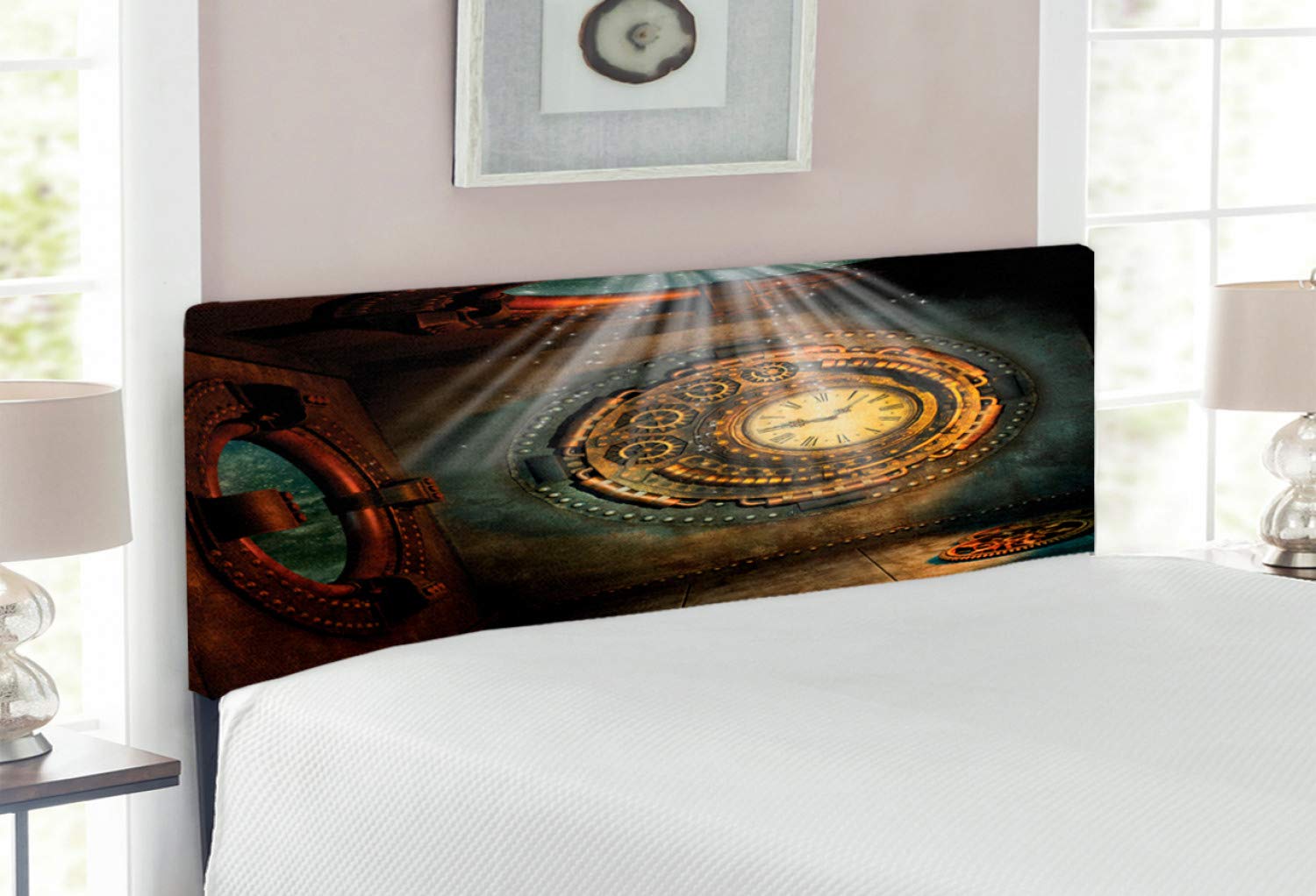 Ambesonne Fantasy Upholstered Headboard with Memory Foam - Full Size Brown & Teal Bed Headboard Featuring Dreamy Sky & Clock Artwork | Perfect for Bedroom Decor & Gothic Themed Interiors