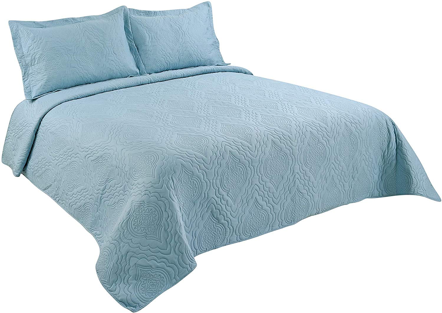 Pinsonic Embossed 3-Piece Quilt Set - Ultra Soft King Size Bedspread with 2 Shams in Aqua Blue | Luxury Bedding for Master Bedroom, Guest Room & Hotel Decor