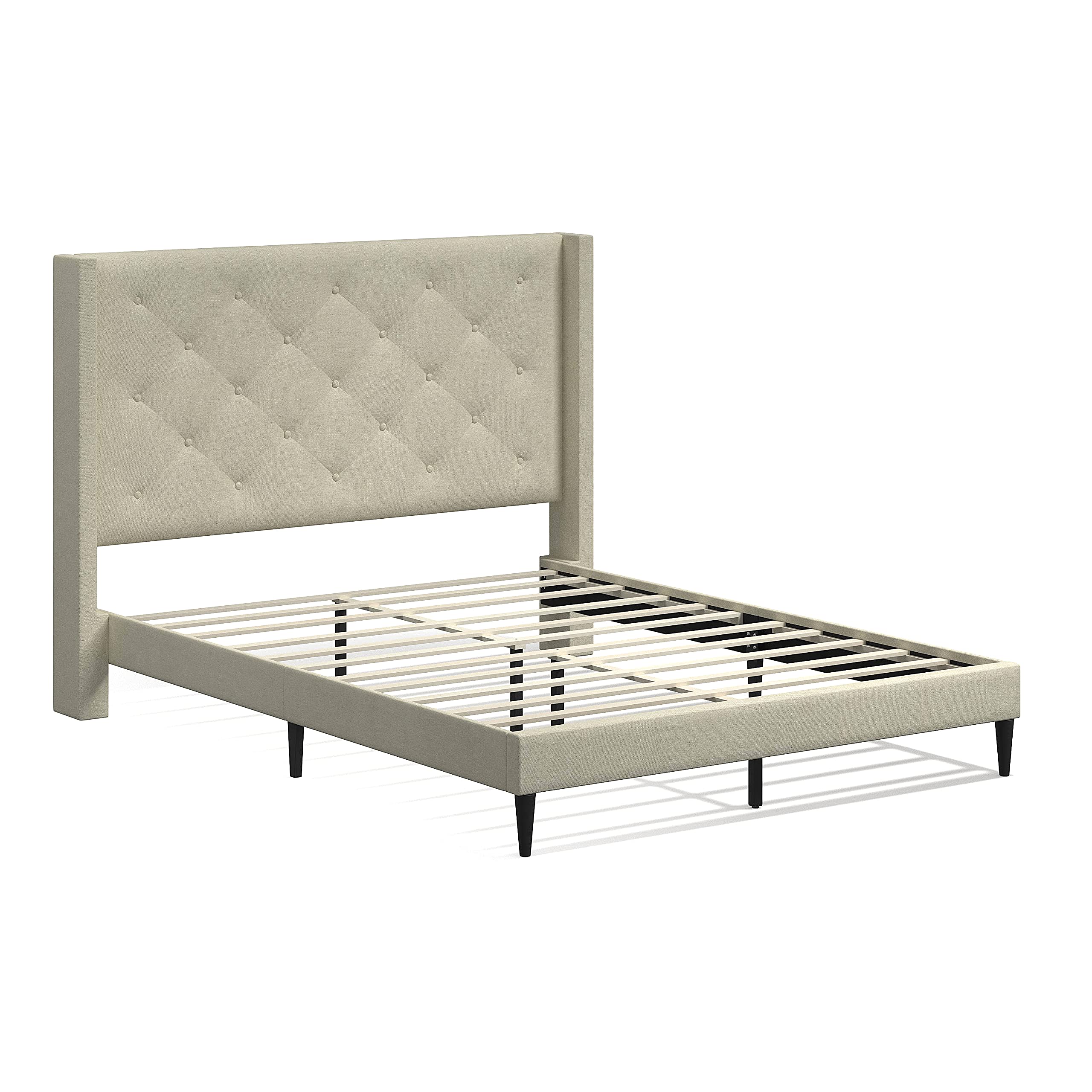 Glenwillow Home Huppe Upholstered Platform Bed Frame - Queen Size Mid Century Modern Wingback Design with Button Tufted Headboard, No Box Spring Needed, Easy Assembly in Beige | Perfect for Master Bedrooms, Guest Rooms & Modern Apartments