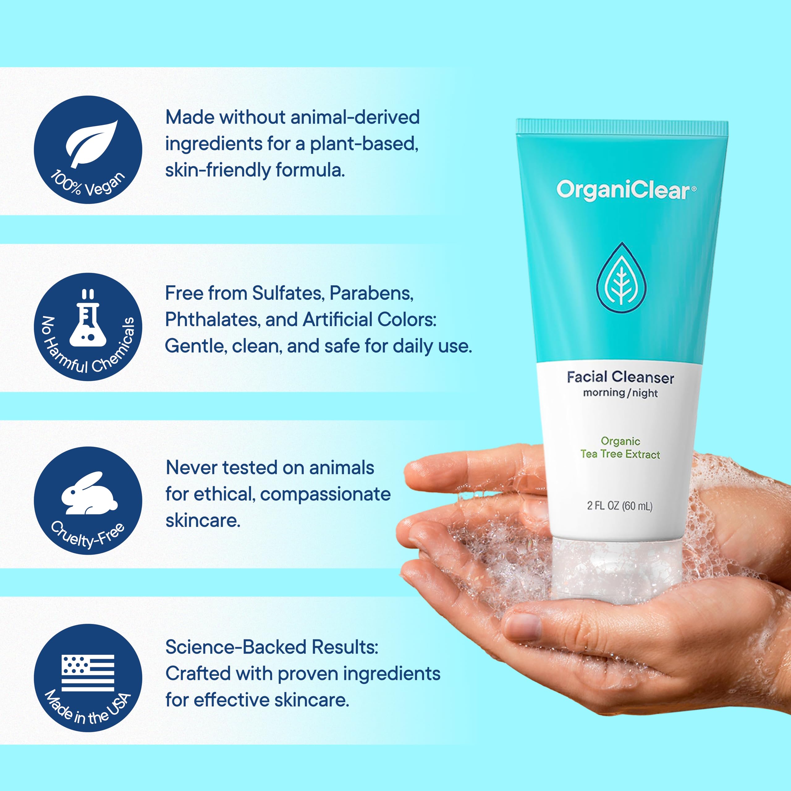 Organic Tea Tree & Salicylic Acid Facial Cleanser - Gentle Foaming Face Wash for Deep Cleansing, Makeup Removal & Acne Control - Unclogs Pores, Removes Dirt & Oil Without Dryness (2 oz) - Perfect for Daily Skincare Routine & Travel
