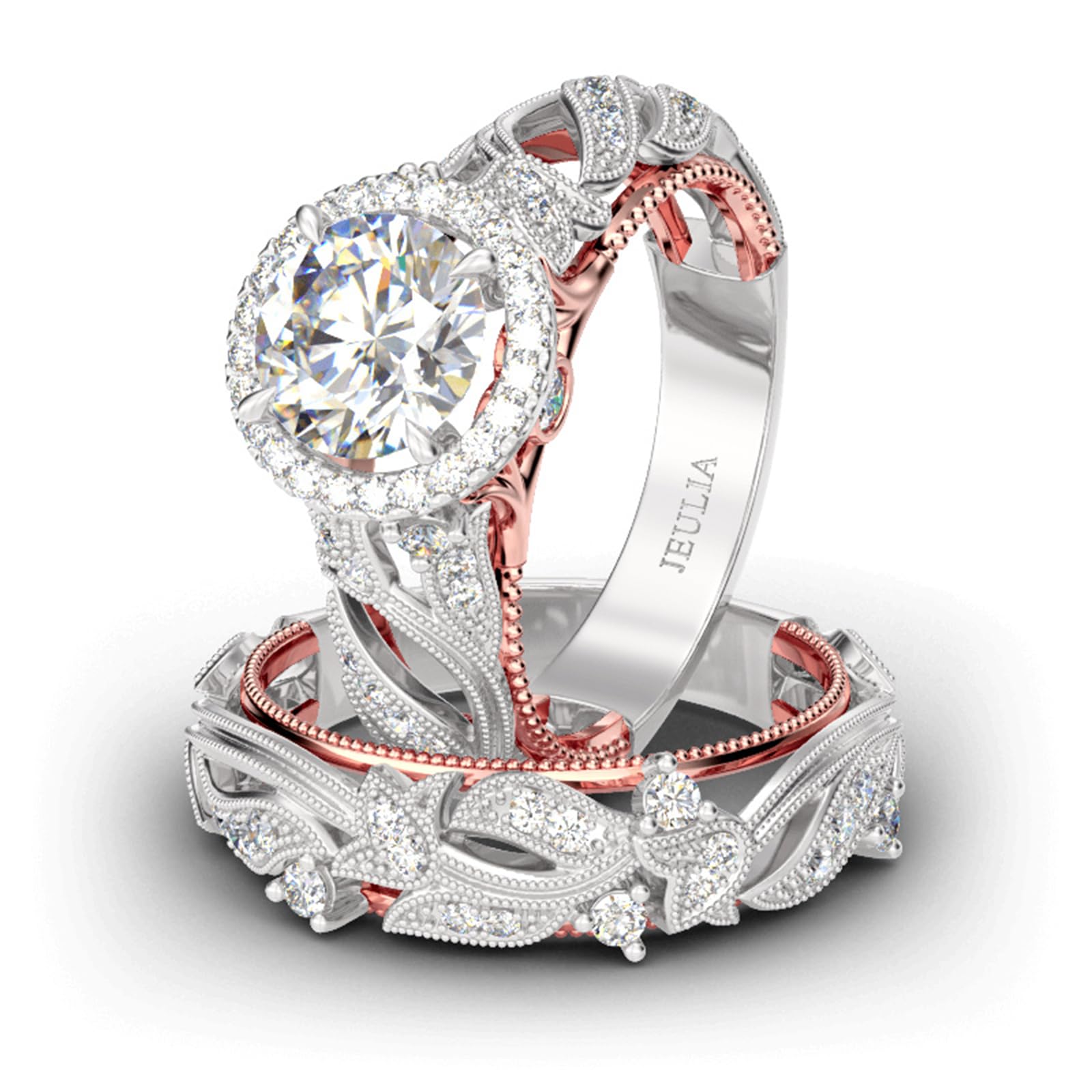 Jeulia 4 Carat Openwork Wedding Ring Set for Women - 925 Sterling Silver & Rose Gold Halo Engagement Ring with Round Cut White Diamond & CZ Band - Perfect for Anniversaries, Proposals & Special Occasions