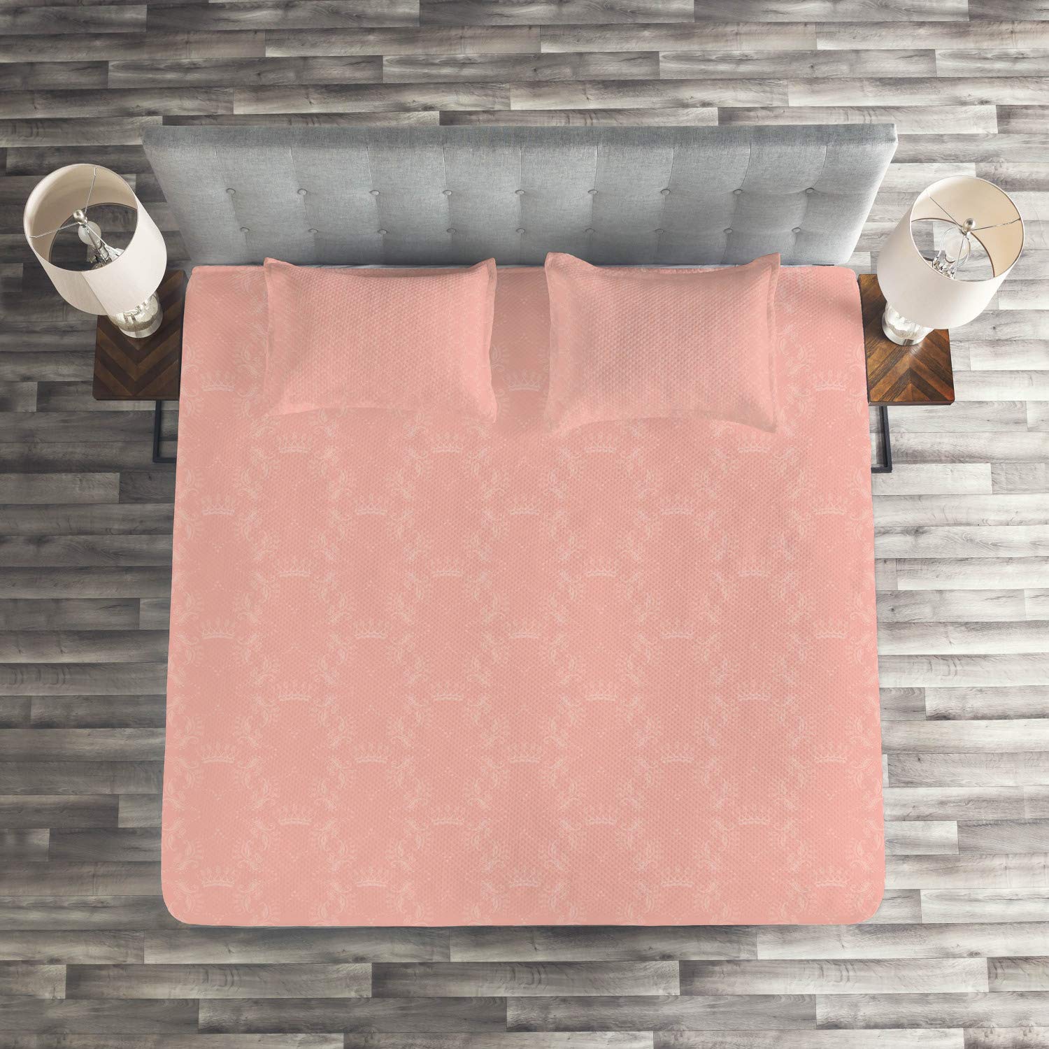 Ambesonne Peach Quilted Bedspread Set - 3 Piece Queen Size with 2 Pillow Shams, Soft Coral Monochrome Floral Crown Design, Faded Abstract Motif | Luxury Bedding for Master Bedroom, Guest Room & Cozy Home Decor