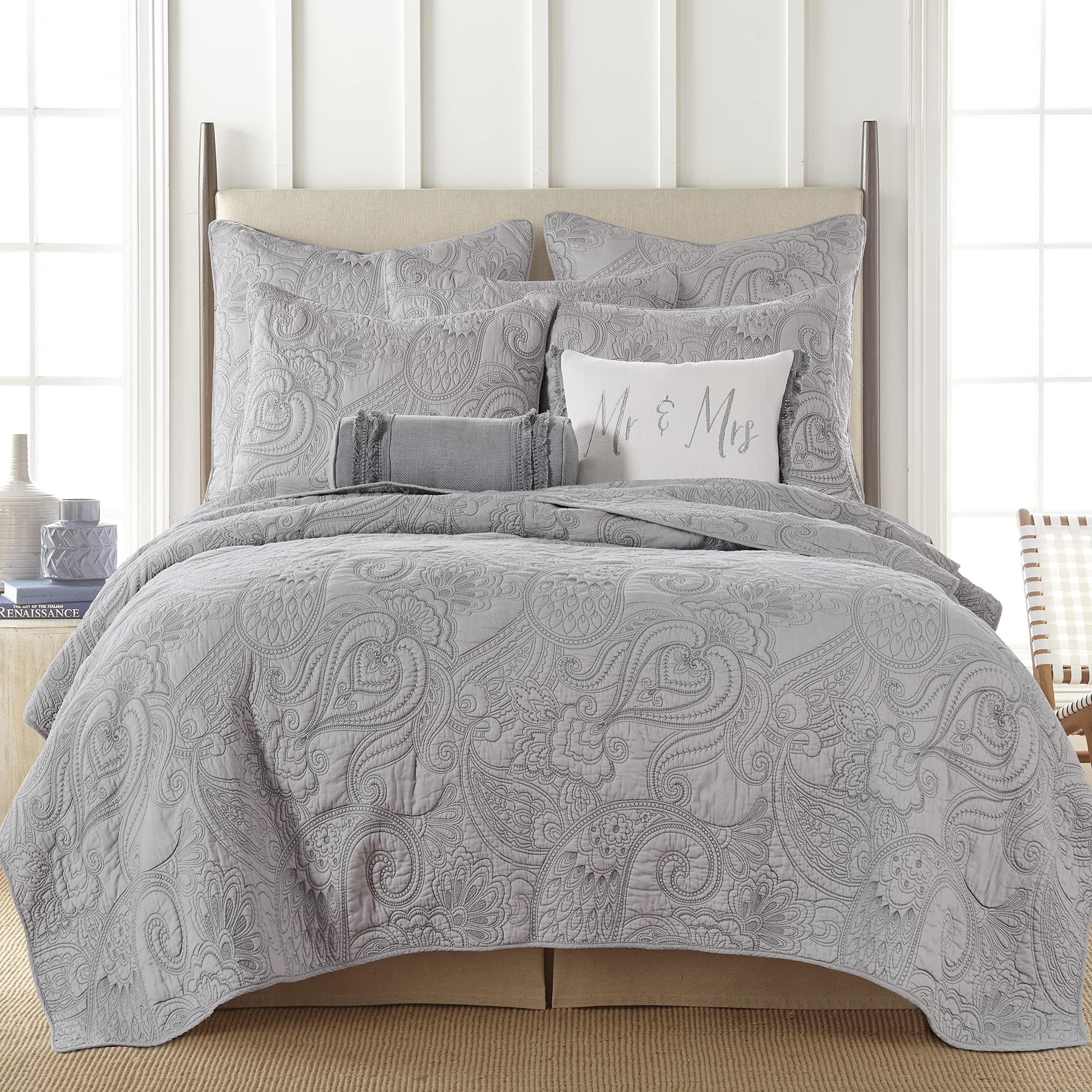 Levtex Home Perla Quilt Set - Twin Size 68x86 Inches with Standard Pillow Sham 20x26 - Soft Cotton Paisley Pattern in Grey - Perfect for Bedroom Decor & Guest Room Comfort
