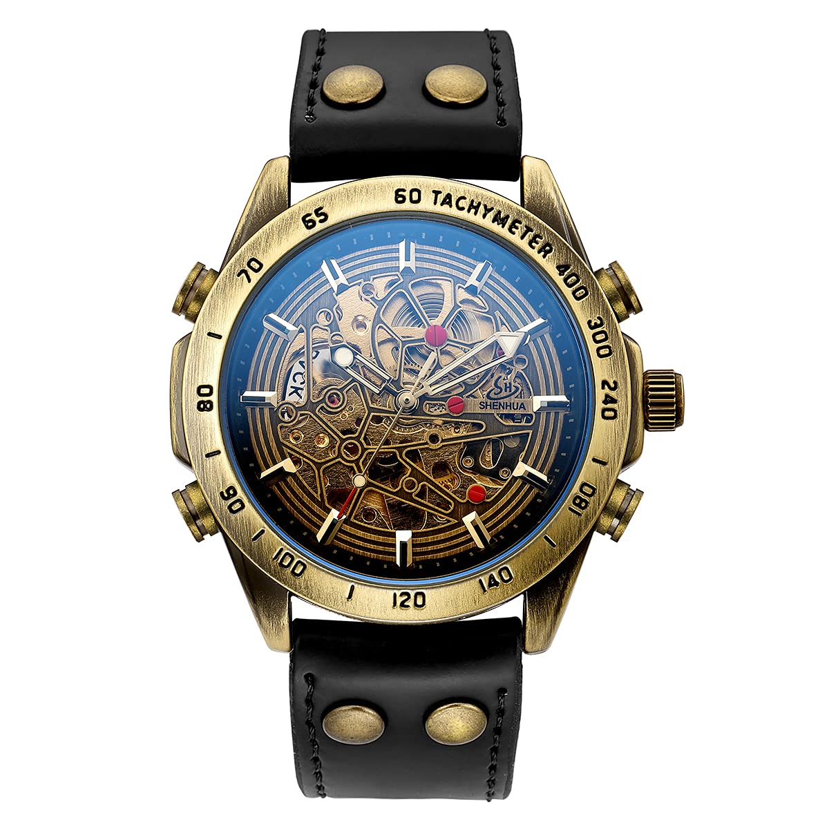 SHENHUA Automatic Skeleton Watch for Men - Bronze Leather Strap (Black/Brown) - Perfect for Business & Casual Wear