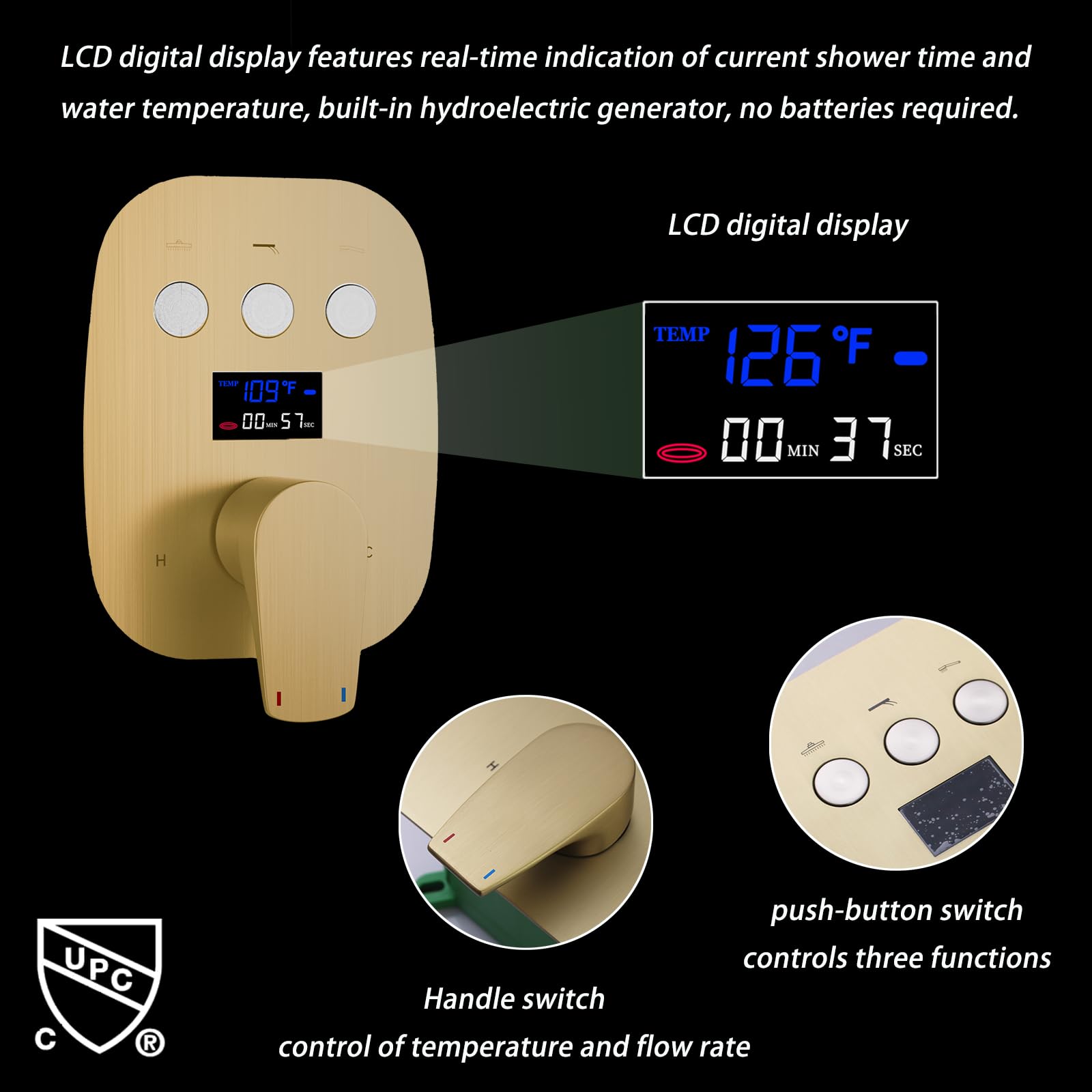 Brushed Gold Shower Head System - 12 Inch Ceiling Mount + 8 Inch Wall Mount Dual Shower Head Combo with Handheld Shower & Digital Display Faucet Set for Luxurious Bathroom Upgrade | Perfect for Master Bath, Spa-Like Experience & Modern Home Renovation