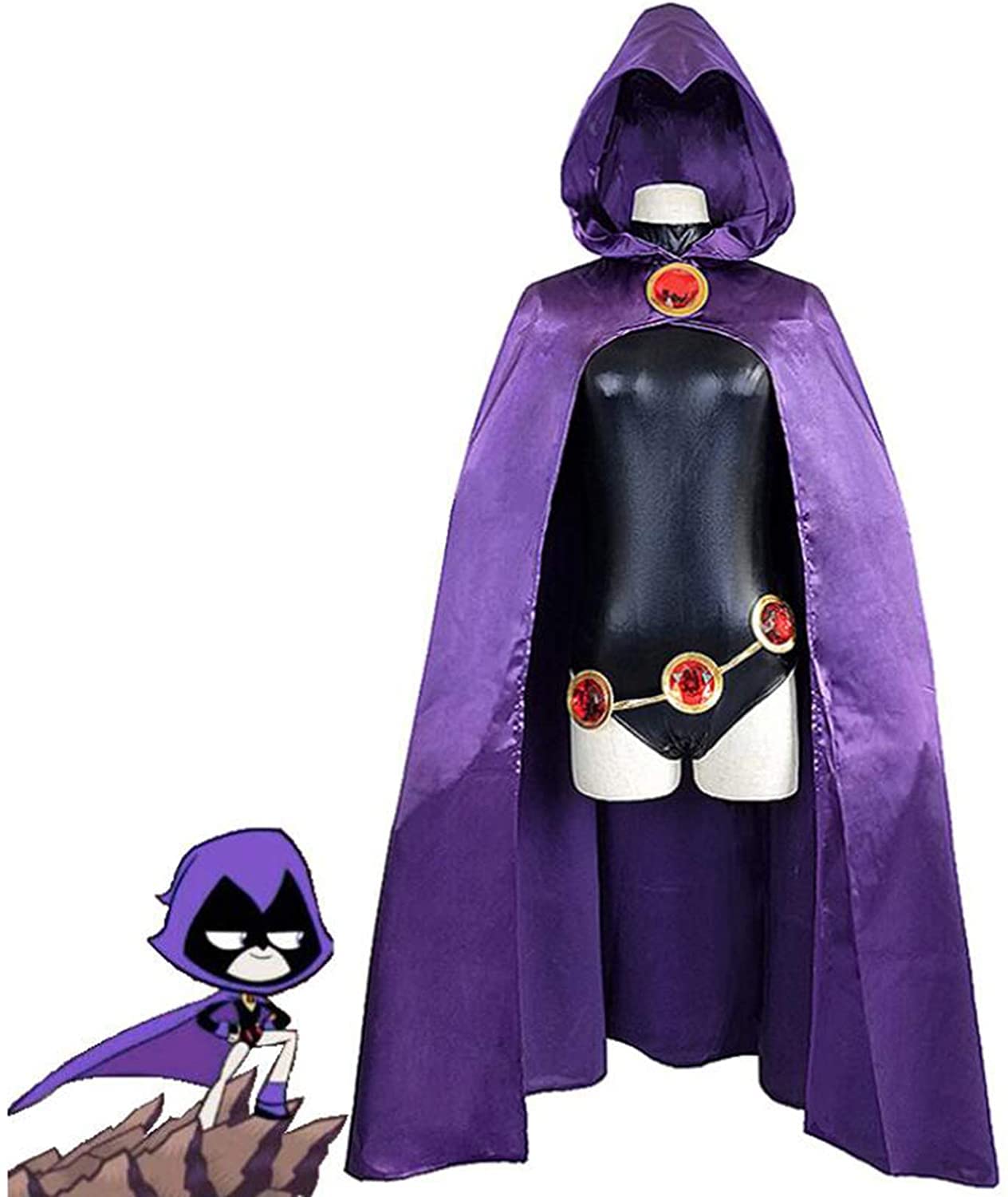 Teen Titans Raven Cosplay Costume - Purple Hooded Cloak Jumpsuit with Belt for Halloween, Comic Con & Christmas Parties | XS Size | DC Comics Superhero Outfit for Women & Girls