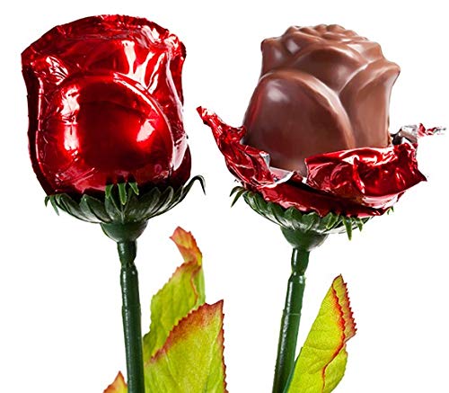 6 Long Stem Red Chocolate Roses Gift - Handmade Milk Chocolate Roses with 19-inch Stems & Silk Leaves, Elegant Red Foil Wrapping - Perfect for Valentine's Day, Anniversaries & Romantic Surprises