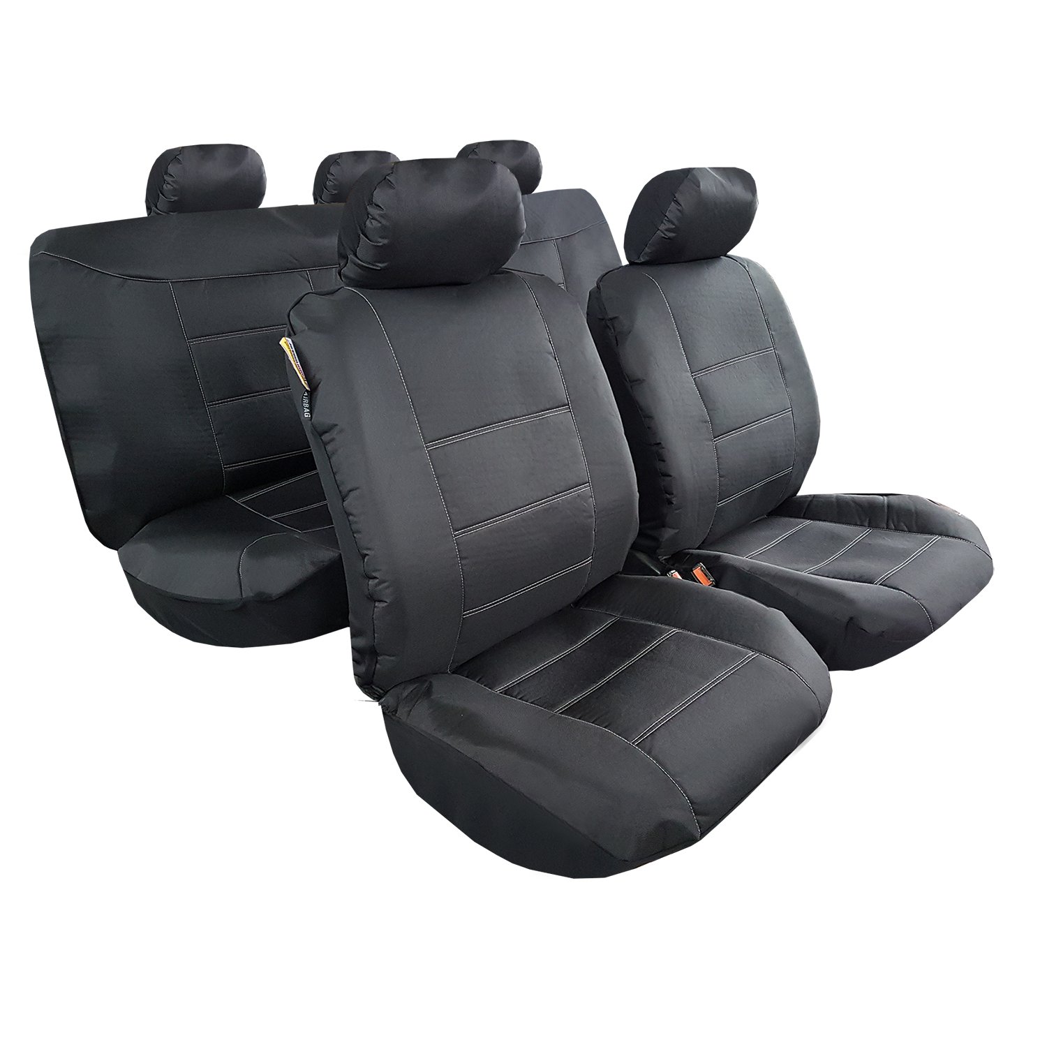 Waterproof Black Canvas Car Seat Covers with White Thread - Universal Fit 9-Piece Set for SUVs, Trucks & Sedans - Durable Protection for Pets, Kids & Daily Commuting