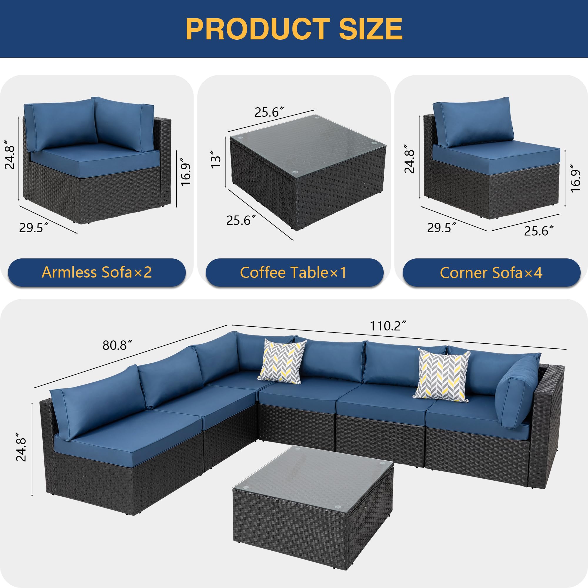 JAMFLY 7-Piece Outdoor Patio Furniture Sectional Set - Black Wicker Rattan Sofa with Coffee Table, Aegean Blue Cushions | Perfect for Garden, Backyard, Poolside & Balcony Relaxation