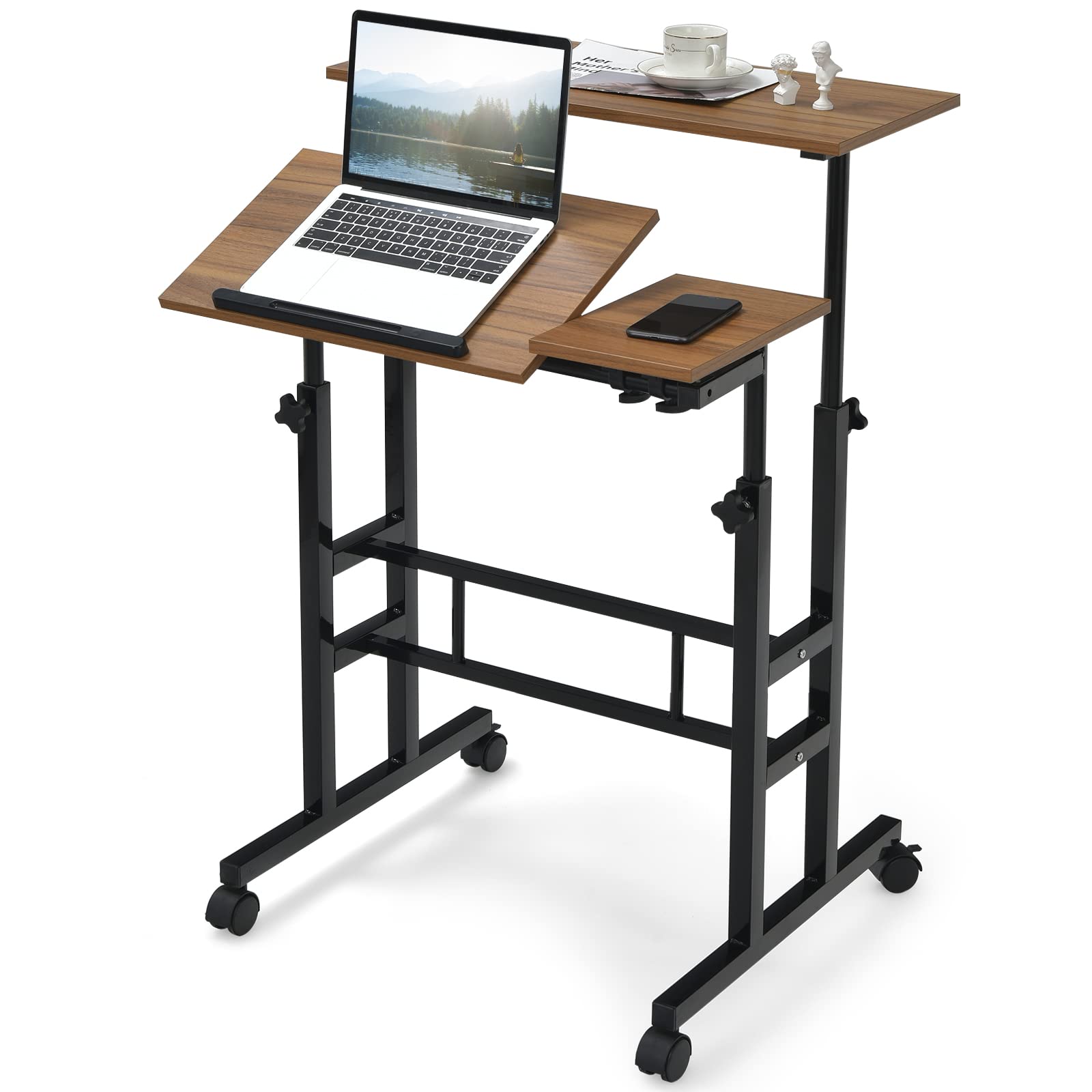 Tangkula Adjustable Height Mobile Standing Desk - Sit Stand Workstation with Tilting Tabletop & Wheels for Home Office, Rolling Laptop Cart (Walnut) | Perfect for Remote Work, Small Spaces & Ergonomic Workspaces