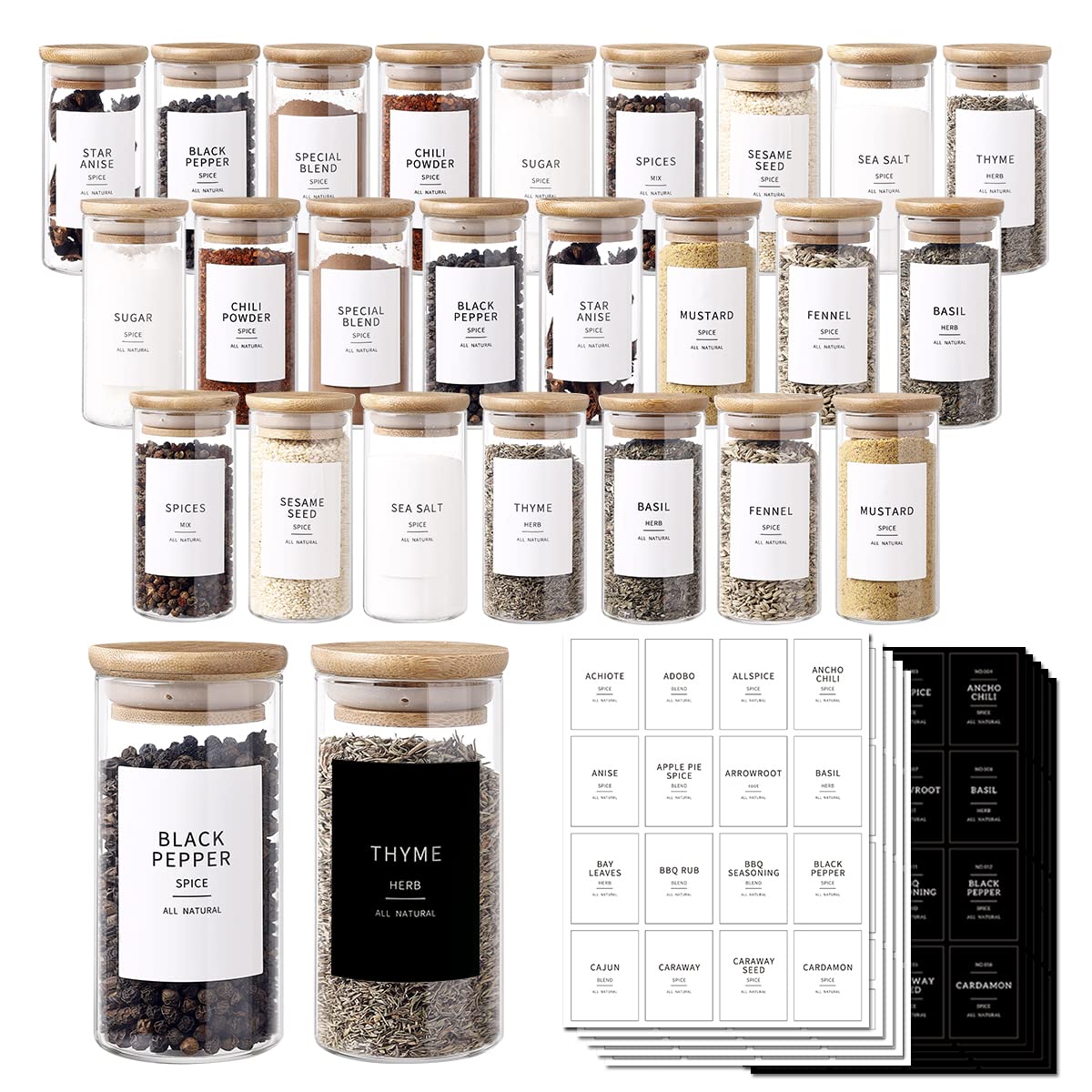 24-Piece Glass Spice Jars Set with 296 Preprinted Labels (Black & White) - 4oz Thick-Walled (2.4mm) Empty Herb Containers with Bamboo Airtight Lids - Perfect for Kitchen Organization, Spice Storage & DIY Seasoning Gifts