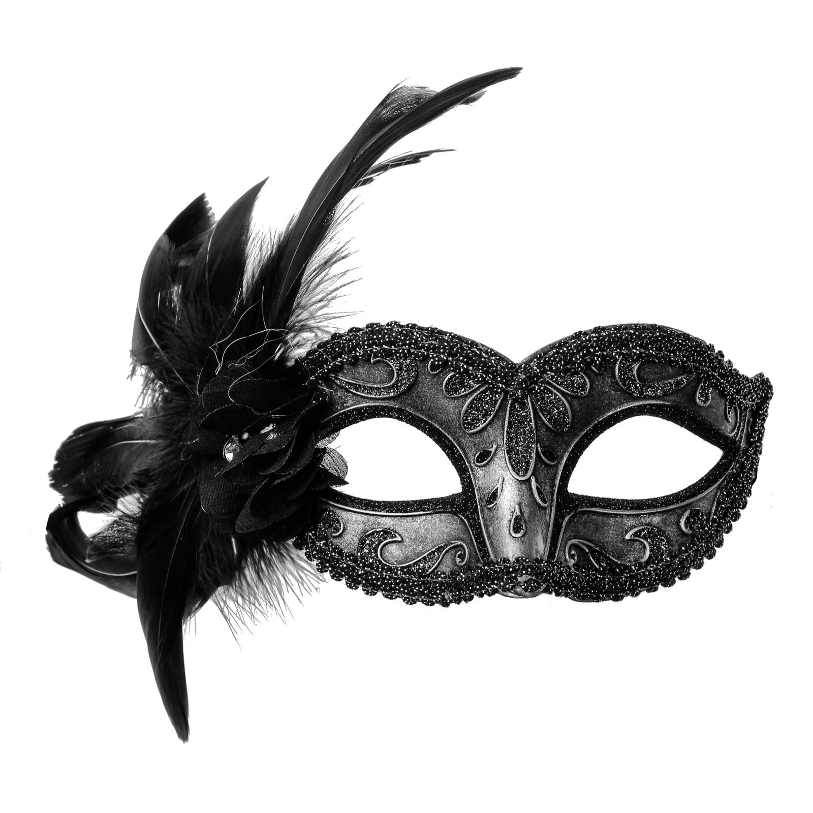 Venetian Masquerade Feather & Lace Party Mask - Elegant Dark Silver Masquerade Mask for Costume Parties, Halloween, Balls & Venetian Carnival | Perfect for Mardi Gras, Themed Events & Cosplay