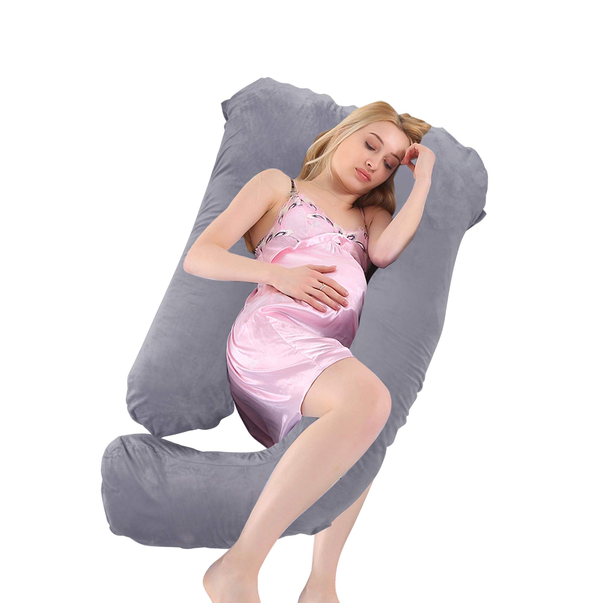 **J-Shaped Pregnancy Pillow for Full Body Support - 55 Inch Velvet Maternity Pillow for Pregnant Women with Machine-Washable Cover (Grey) - Perfect for Side Sleeping, Back Pain Relief & Comfort During Pregnancy**