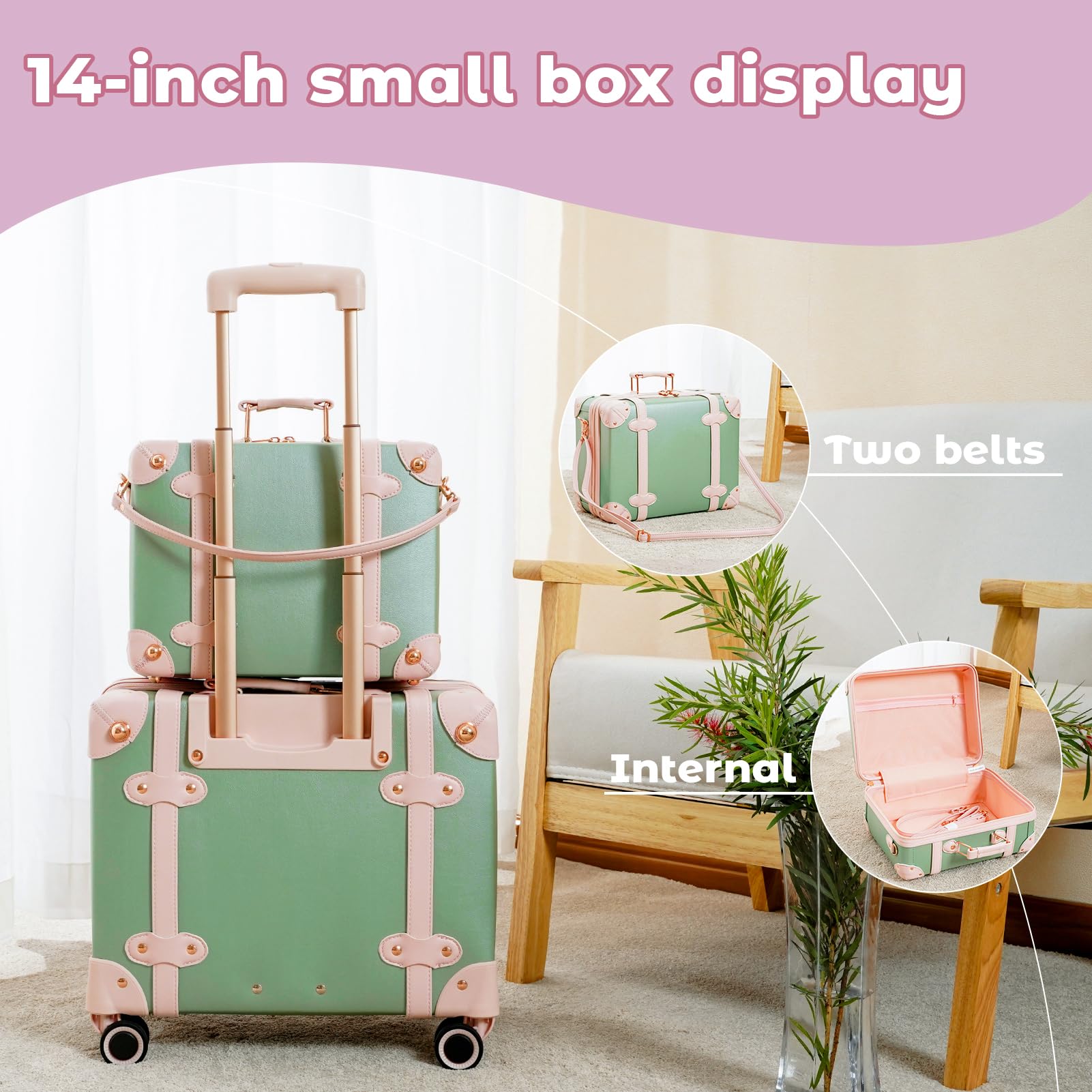 Vintage Luggage Set with Wheels - Retro Suitcase & Travel Trunk Set for Women & Men | Durable Spinner Carry-On for Air Travel, Weekend Getaways & Business Trips