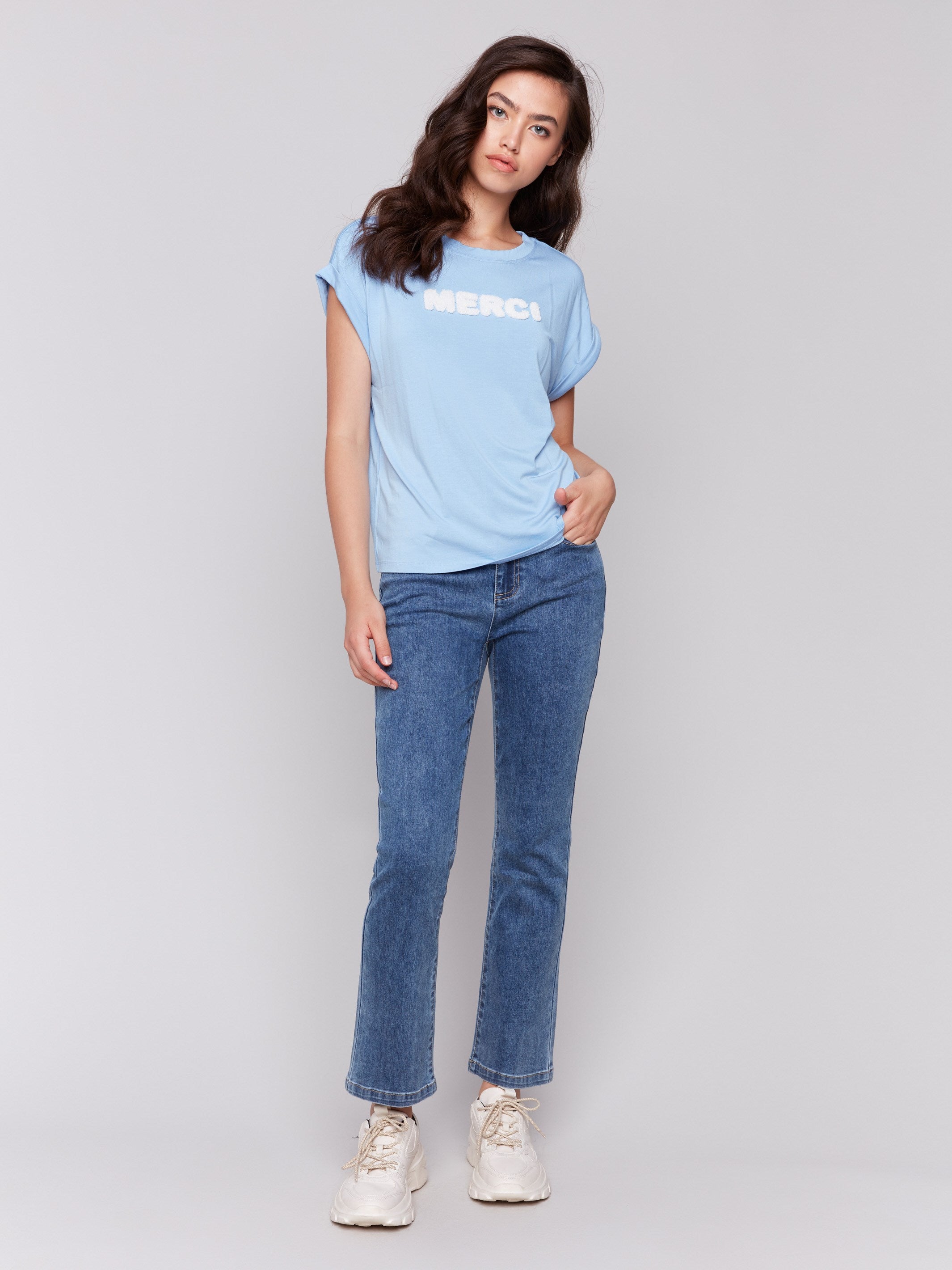 Drop Shoulder Appliqué T-Shirt for Women - Bluebell Floral Design | Casual Wear, Street Style & Everyday Outfits