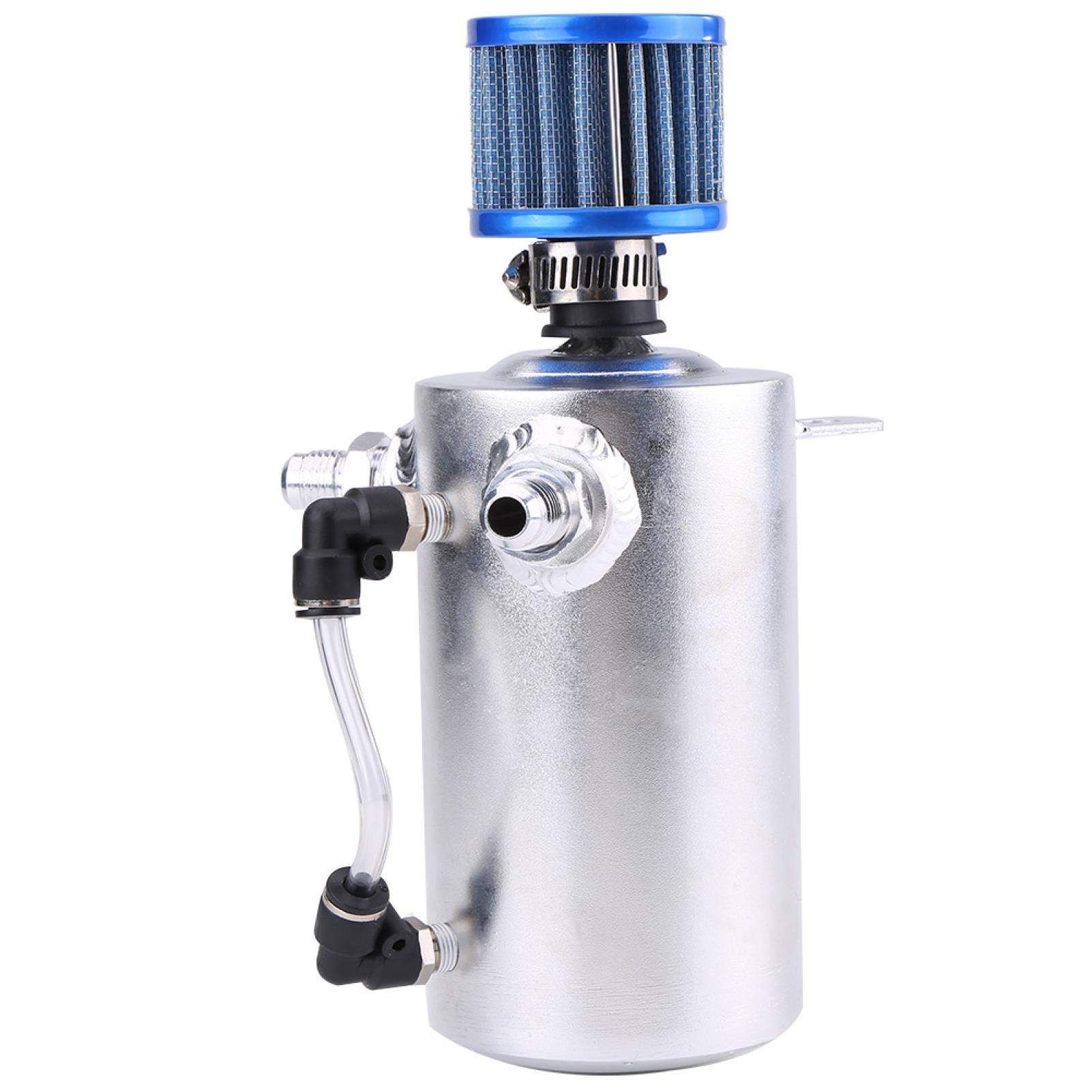 Aramox 0.5L Universal Aluminum Oil Catch Tank - Engine Breather Filter Reservoir for Car, Truck & Motorcycle (Silver & Blue) - Reduces Oil Vapor & Protects Engine Performance
