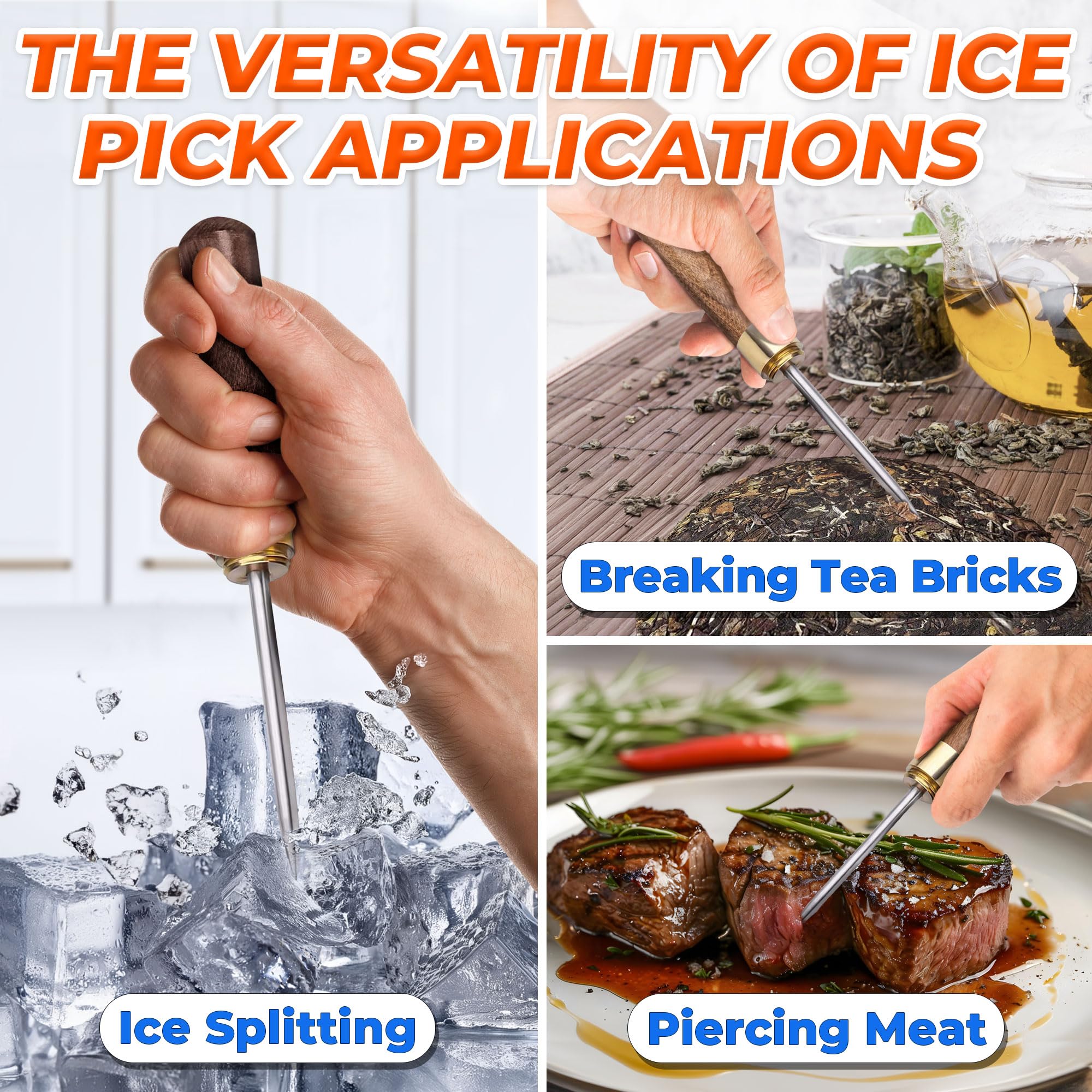 3Pcs Stainless Steel Ice Pick Set - Durable Home Bar & Kitchen Tools for Breaking Ice - Perfect for Bartending, Camping, Countertop & Outdoor Use