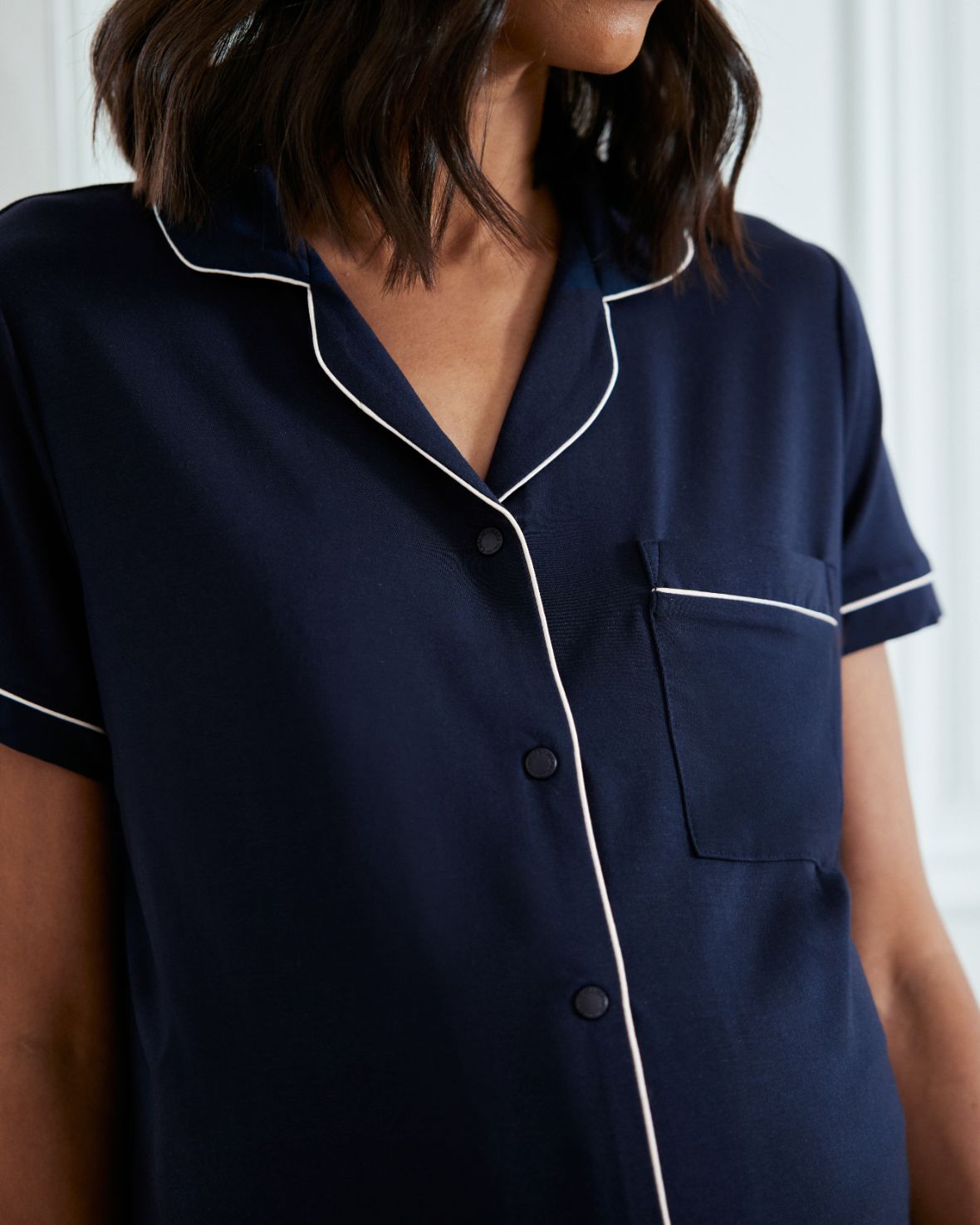 Soft & Breathable Maternity TENCEL™ Modal Short Sleeve Button Up Pajama Set - Navy Blue | Comfortable Nursing Sleepwear for Pregnant Women | Perfect for Maternity Hospital Stay & Breastfeeding at Home