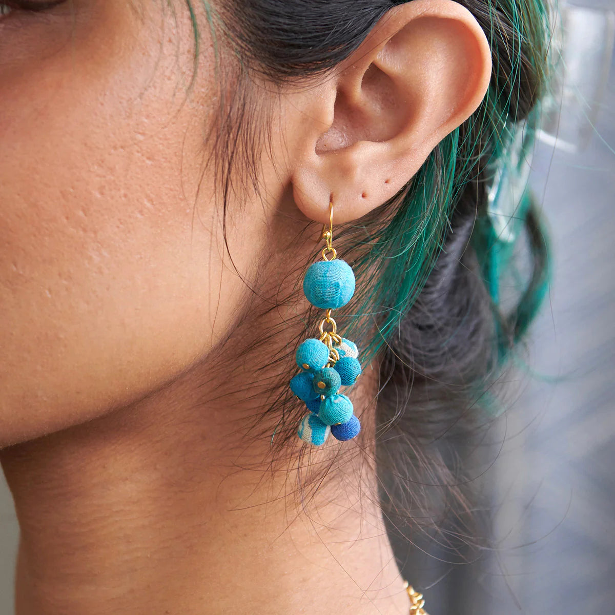 Handmade Kantha Azure Blue Dangle Cluster Earrings - Boho Ethnic Jewelry for Women, Perfect for Festivals, Weddings & Casual Wear