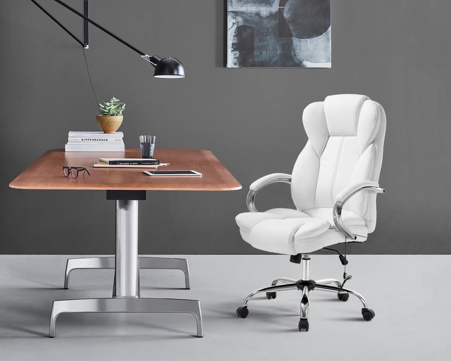 Adjustable High Back Ergonomic Office Chair with PU Leather & Lumbar Support - Executive Computer Task Chair with Massage & Swivel Wheels for Home Office - Perfect for Long Work Hours & Video Conferencing (White)