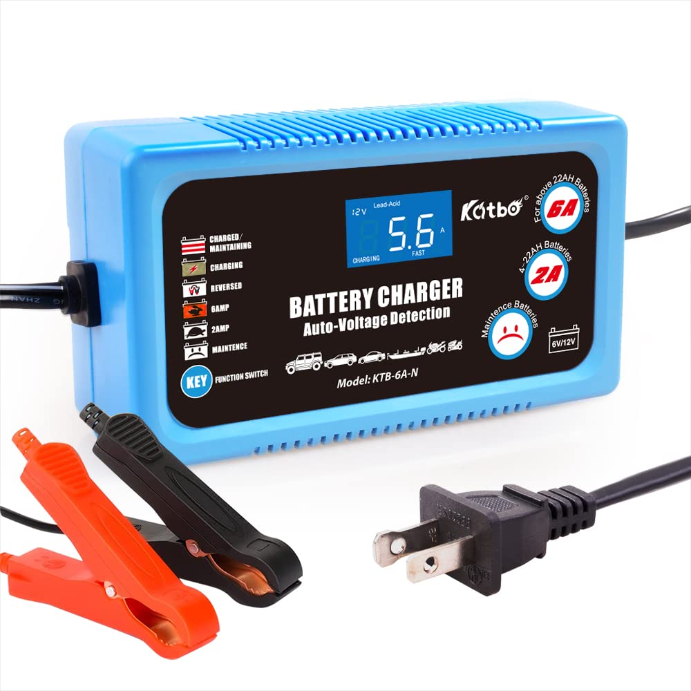 Katbo 12V 6V 6A Smart Battery Charger for Car, AGM, Gel & SLA - LCD Display for Easy Monitoring
