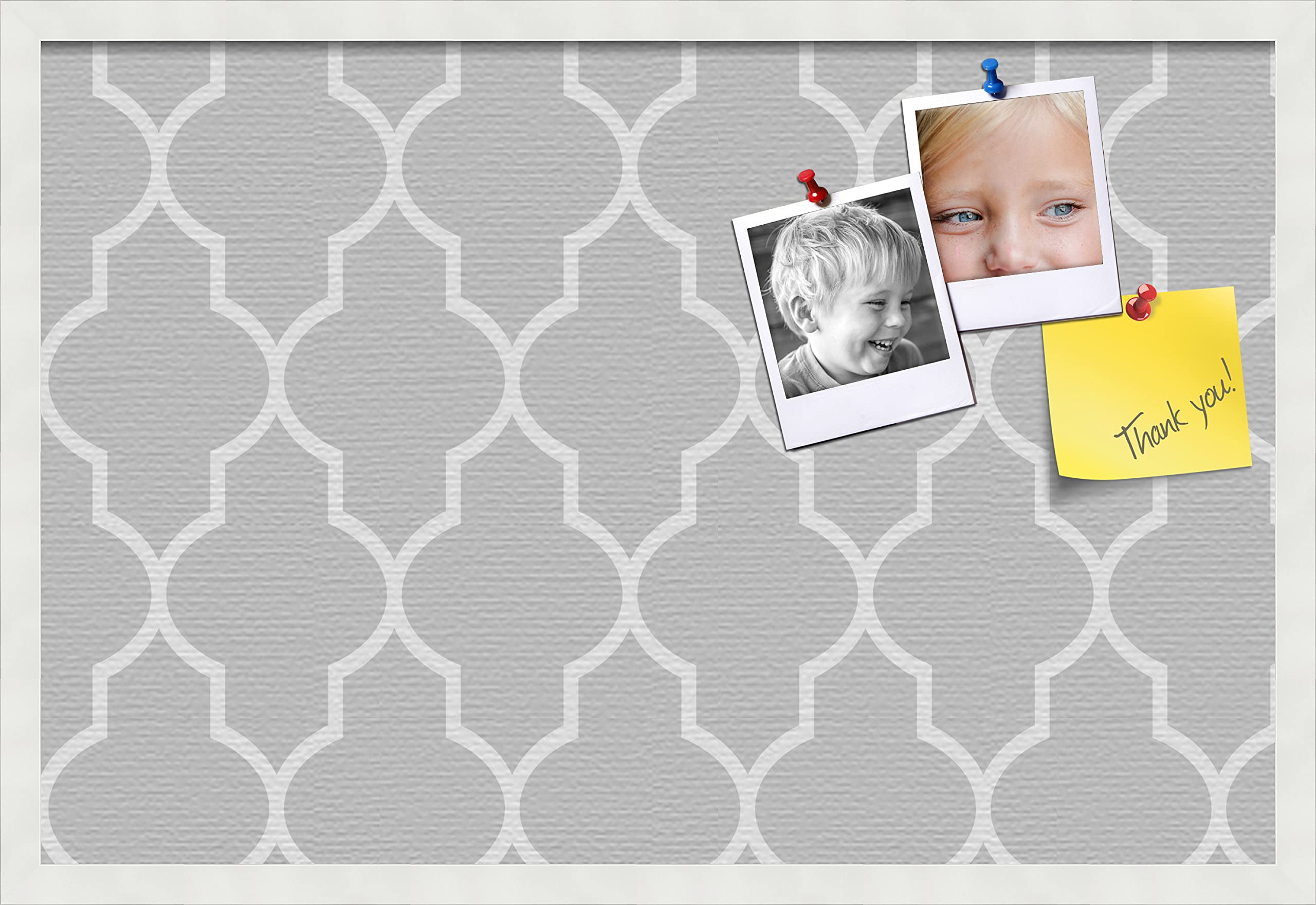 Custom Cork Bulletin Board 30x20 Inches - Quatrefoil Light Grey Canvas Style Photo Board with Satin White Frame | PinPix-582 | Perfect for Home Office, Classroom, or Dorm Room Decor
