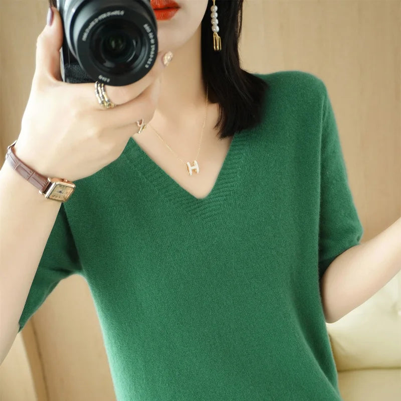 Solid Color V-Neck Half-Sleeve Cashmere Sweater for Women - Soft Thin Knit Casual Top for Office Wear & Fall Layering