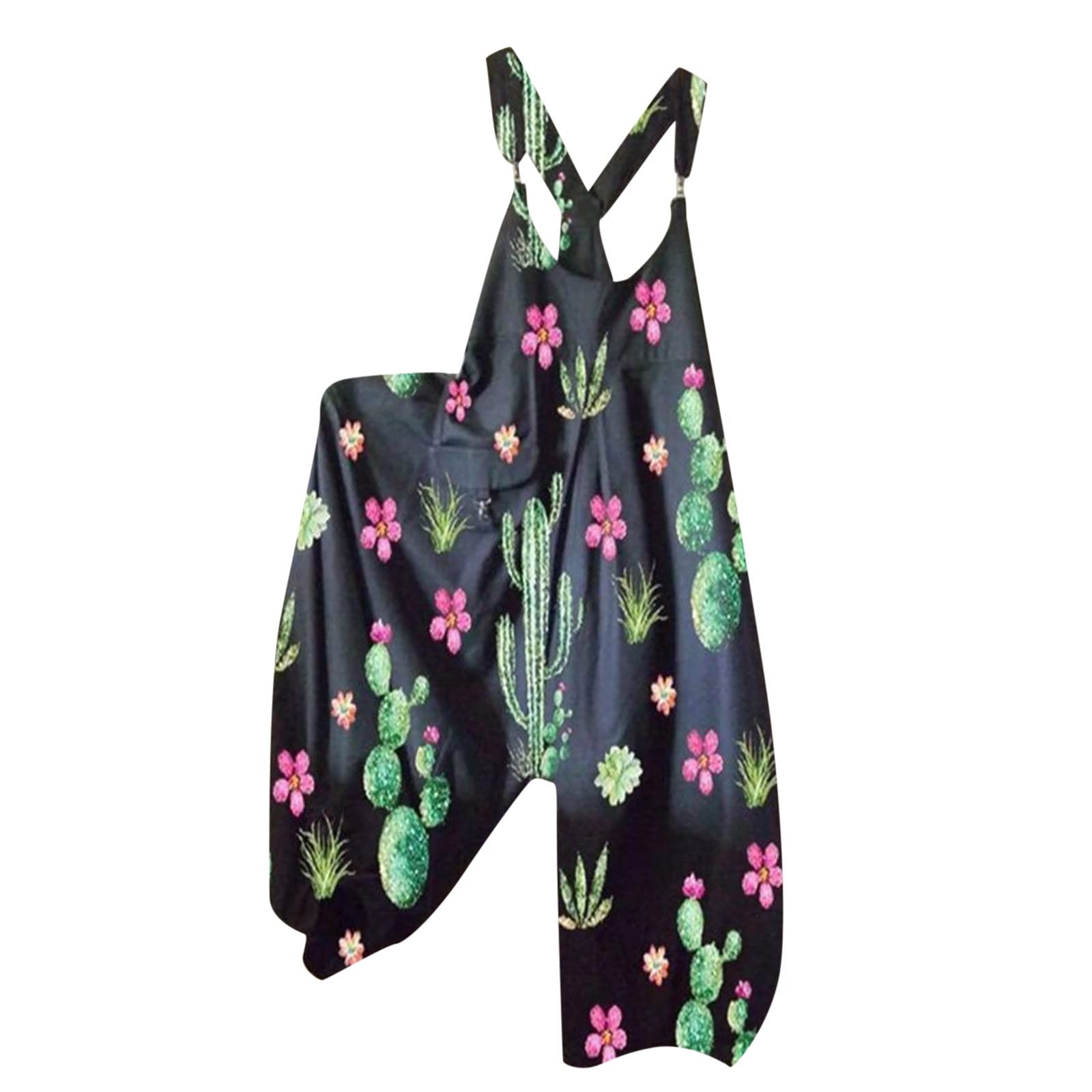 Boho Printed Women's Suspender Wide Leg Overalls - Loose Casual Jumpsuit for Plus Size (Black, S) | Flight Attendant Outfit, Festival Wear & Everyday Comfort