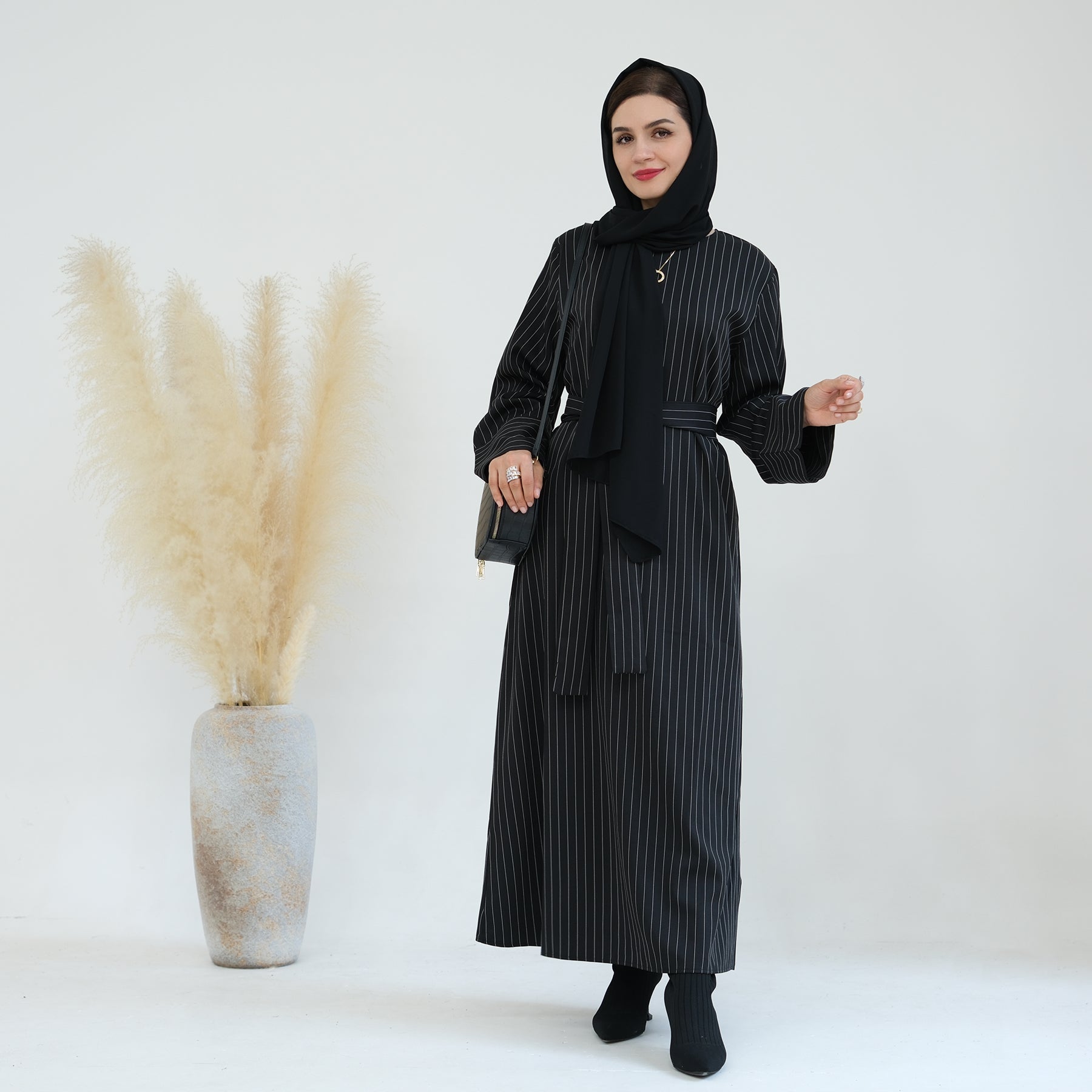 Janine Stripe Long Sleeve Belted Maxi Dress for Women - Elegant Black Flowy Dress for Parties, Weddings & Special Occasions