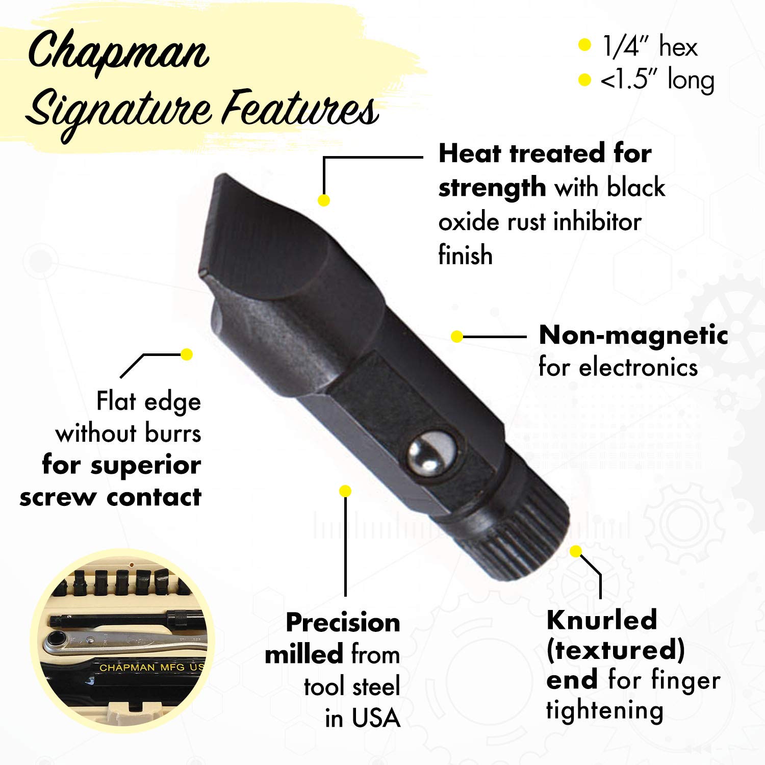 Chapman MFG 9600 20-Piece Slotted Screwdriver Set with 14 Slotted & 2 Phillips Bits, Mini Ratchet, Handle & Extension | USA Made | Perfect for Electronics Repair, Gunsmithing & DIY Projects (Desert Tan Case)