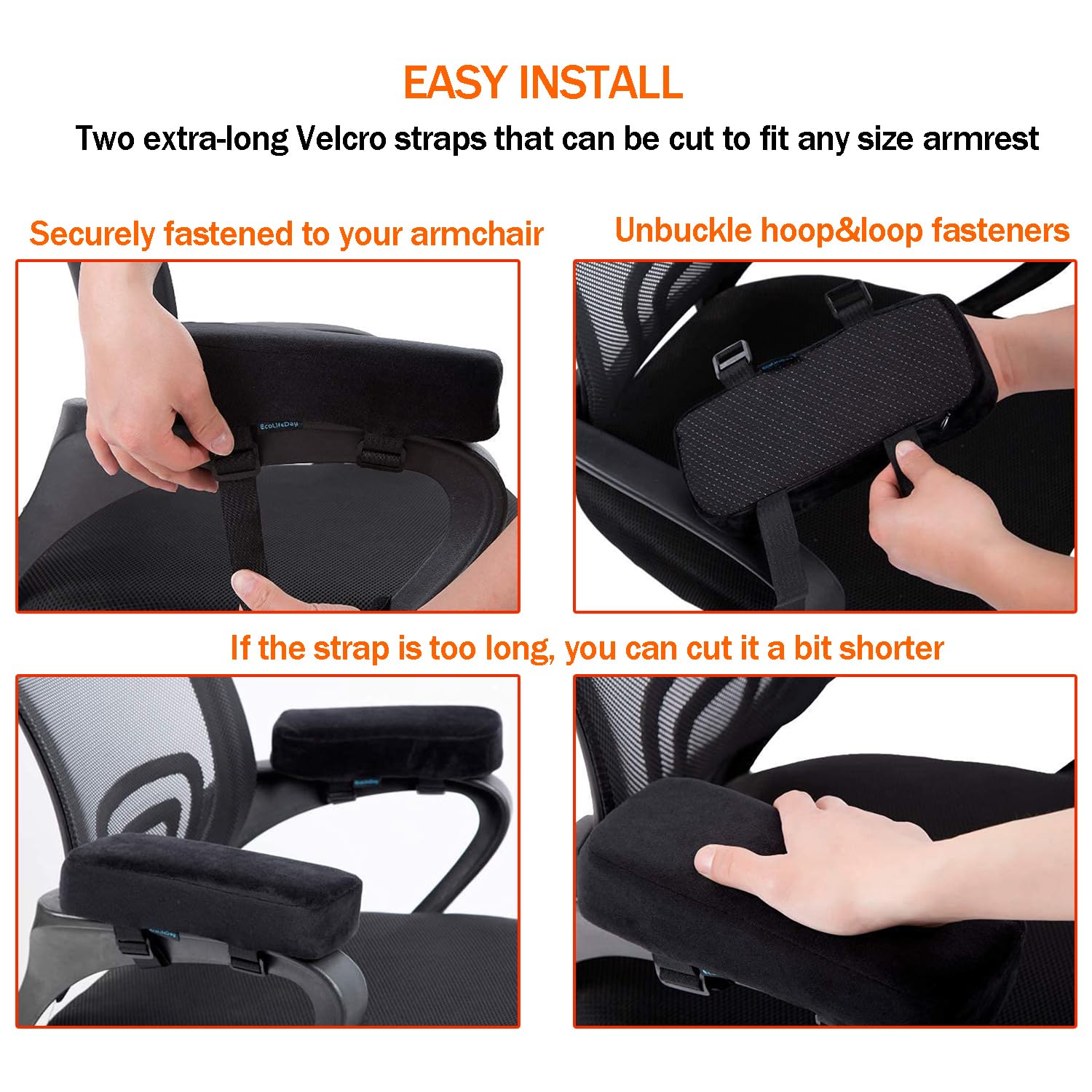 Memory Foam Armrest Covers for Office & Gaming Chairs - Pressure Relief Arm Chair Cushions, Set of 2 (Black) - Perfect for Home Office, Workstation & Long Computer Sessions