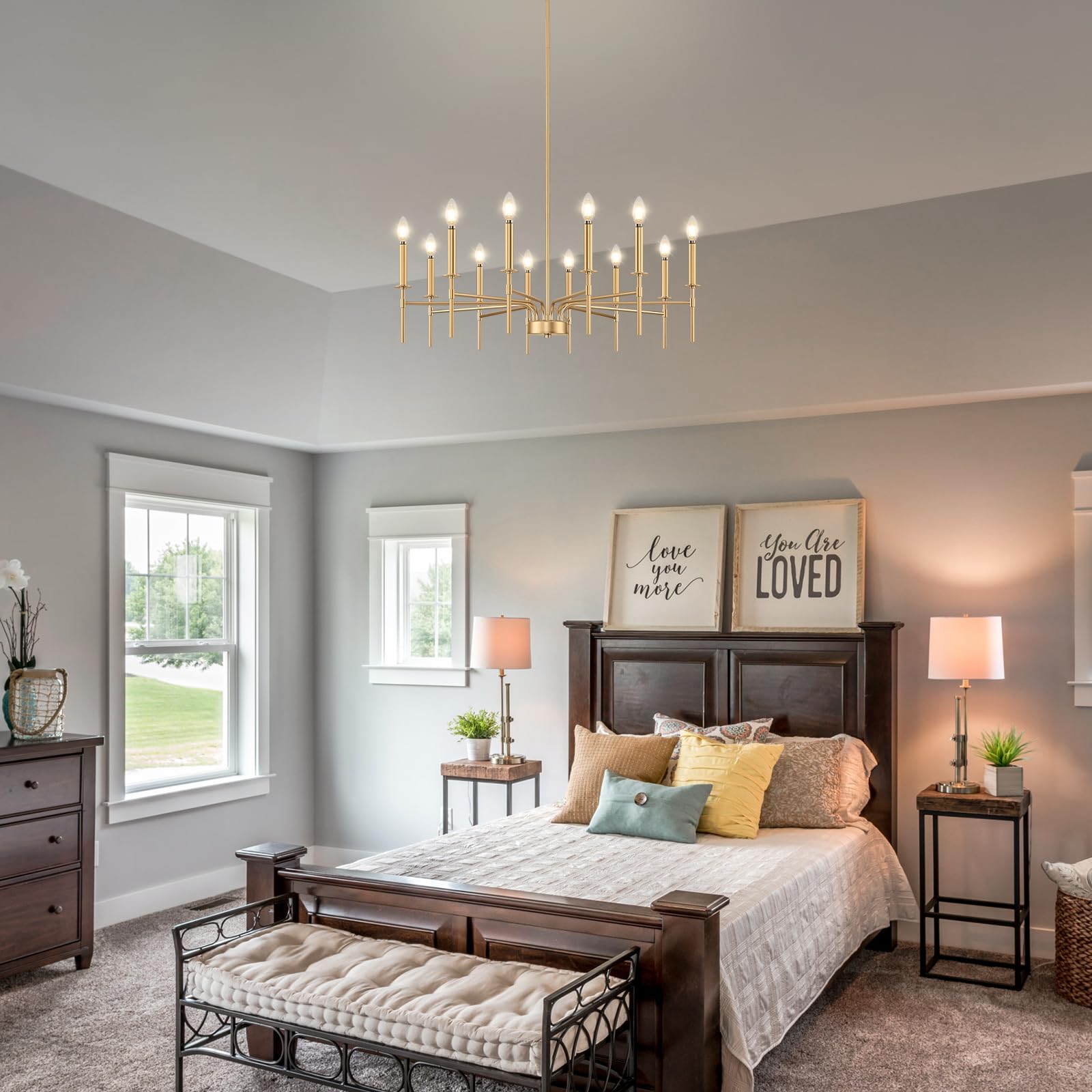 12-Light Gold Chandelier - Modern Farmhouse Dining Room Lighting Fixture with Metal Candle Pendant - Perfect for Foyer, Entryway, Stairs, Living Room, Bedroom & Kitchen Decor | Elegant Ceiling Light for Home & Wedding Venue Decoration