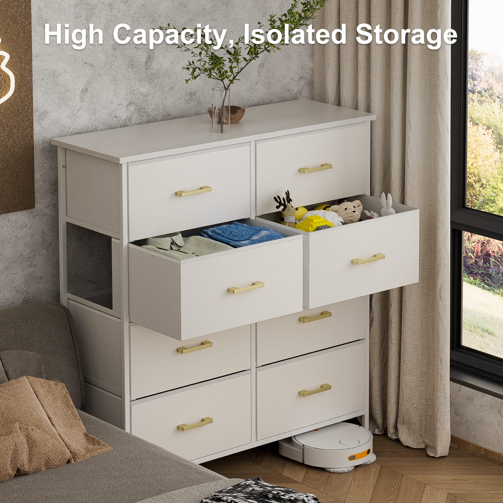 8-Drawer Tall Dresser for Bedroom - White Chest of Drawers with Sturdy Steel Frame, Fabric Bins & Wood Top - Perfect for Closet, Living Room, Nursery or Hallway Storage & Organization