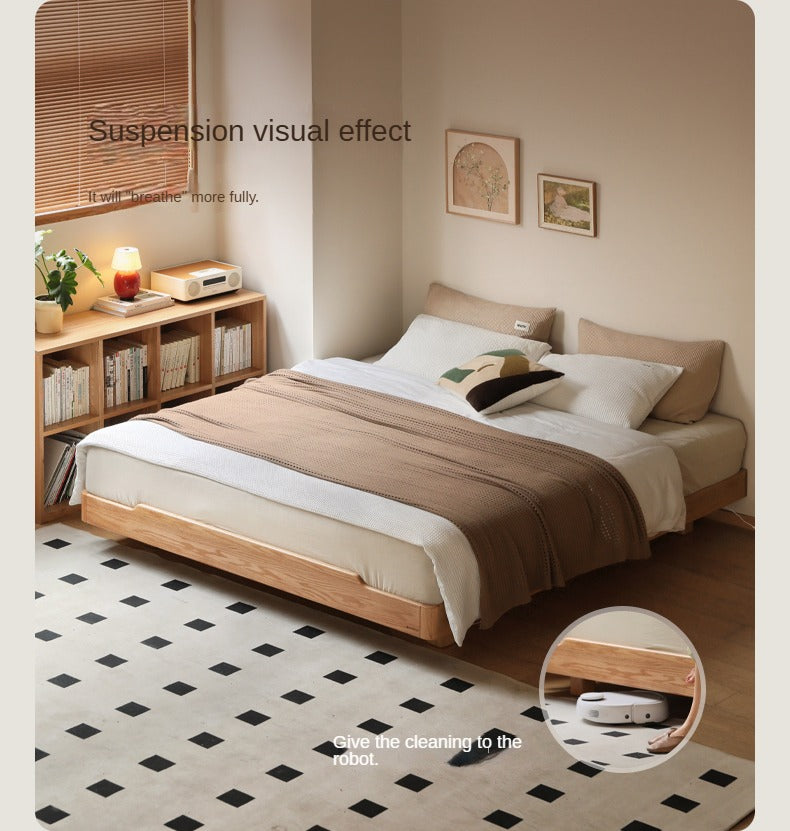 Solid Oak Wood Floating Platform Bed - No Headboard Modern Minimalist Bed Frame with LED Lights for Bedroom, Guest Room, or Studio Apartment