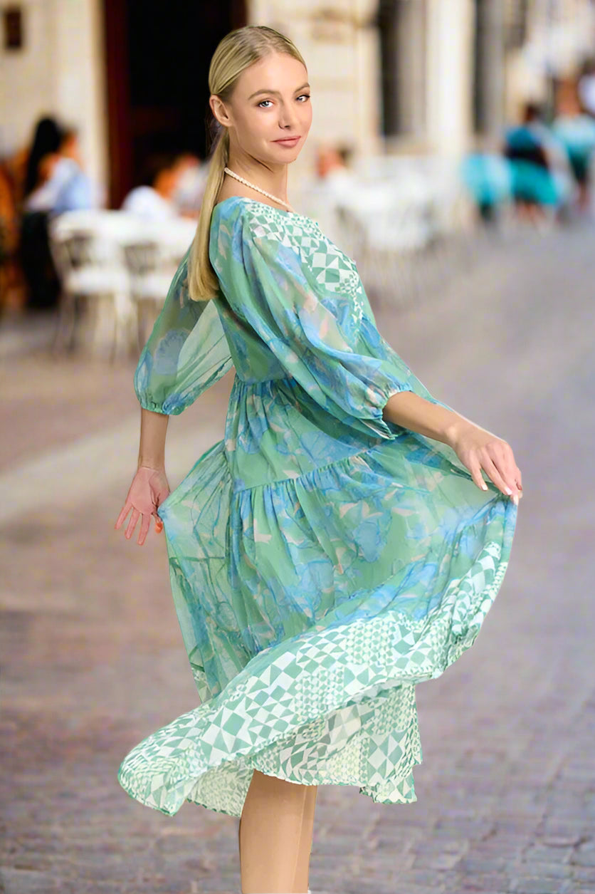 Floral Print Mixed Mint Green Tiered Midi Dress for Women - Summer Casual Boho Chic Dress for Beach, Party & Vacation