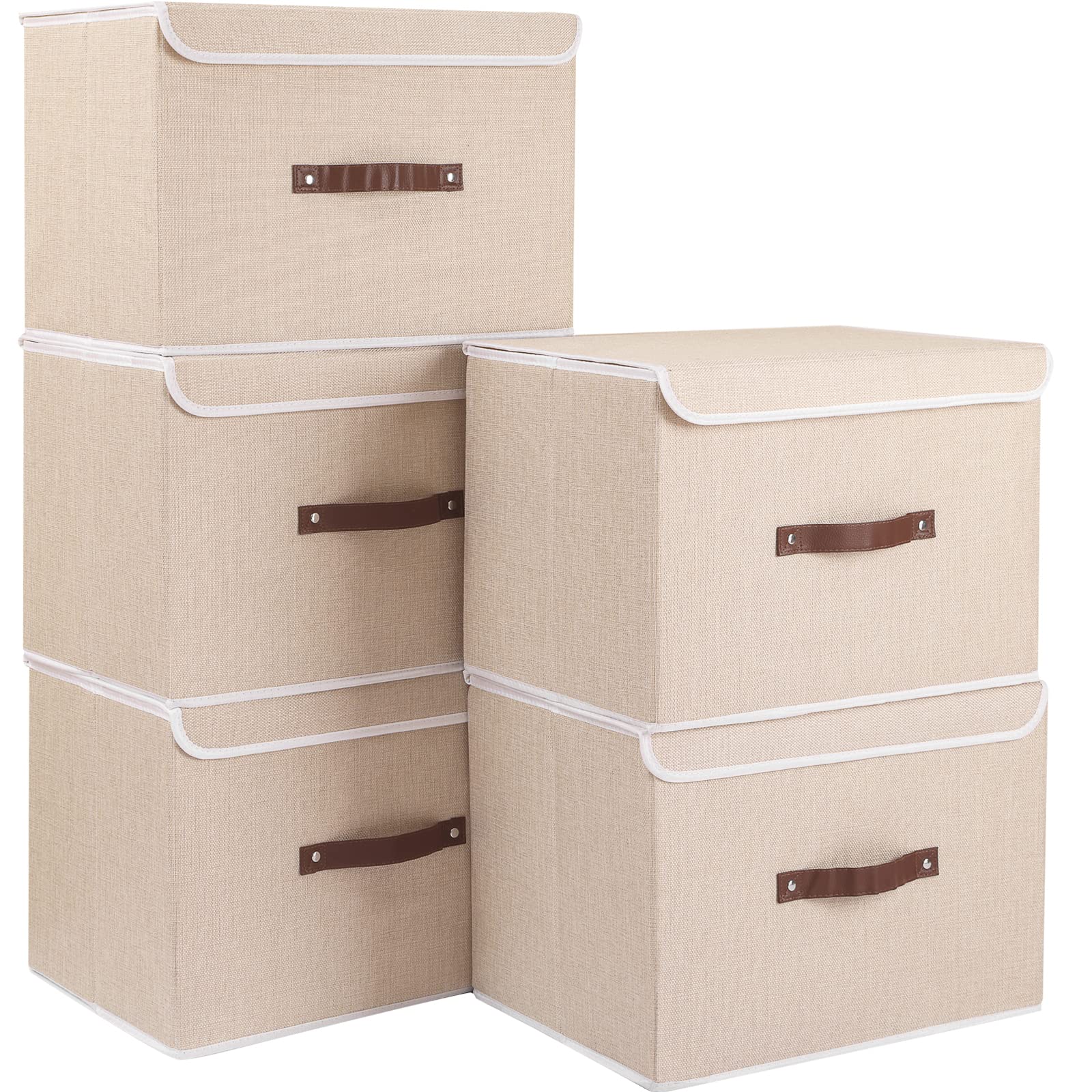 Foldable Fabric Storage Bins with Lids - Collapsible Closet Organizer Containers for Home, Bedroom, Office - 5-Pack Beige Baskets (17.7x11.8x11.8 Inches) - Perfect for Seasonal Clothes, Toys, and Blanket Organization