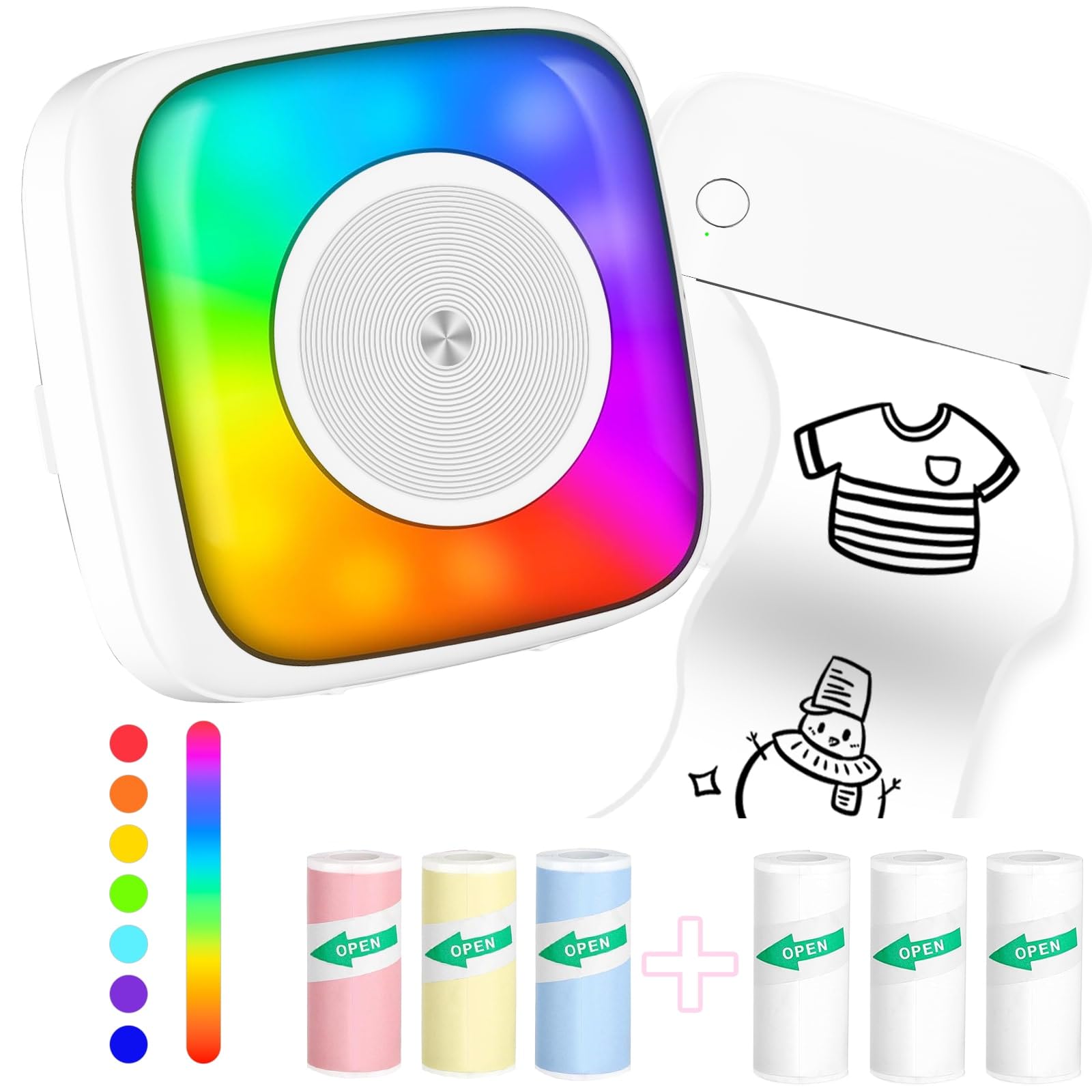Mini Sticker Printer with 6 Rolls Paper - Portable Thermal Label Maker for DIY Scrapbooking, Travel Journal, Notes & Memos - 7 Color LED Light Modes - Wireless Bluetooth Compatible with iPhone & Android Phones (Perfect for Home Office, School Projects & Gift Wrapping)