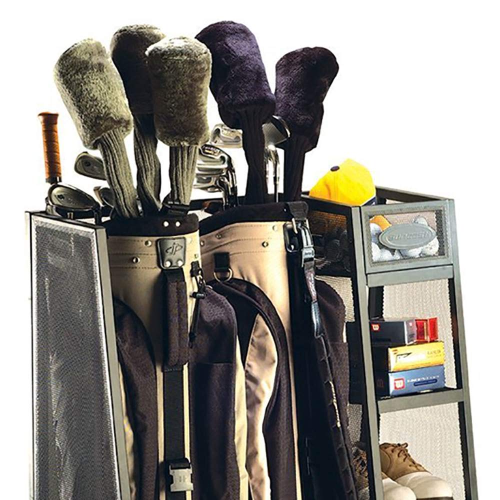 Suncast 2-Pack Garage Golf Bag Shelf Organizer with Adjustable Leveling Feet & 5-Inch Storage Bin - Perfect for Golf Clubs, Balls & Accessories - Ideal for Garage, Basement & Home Organization