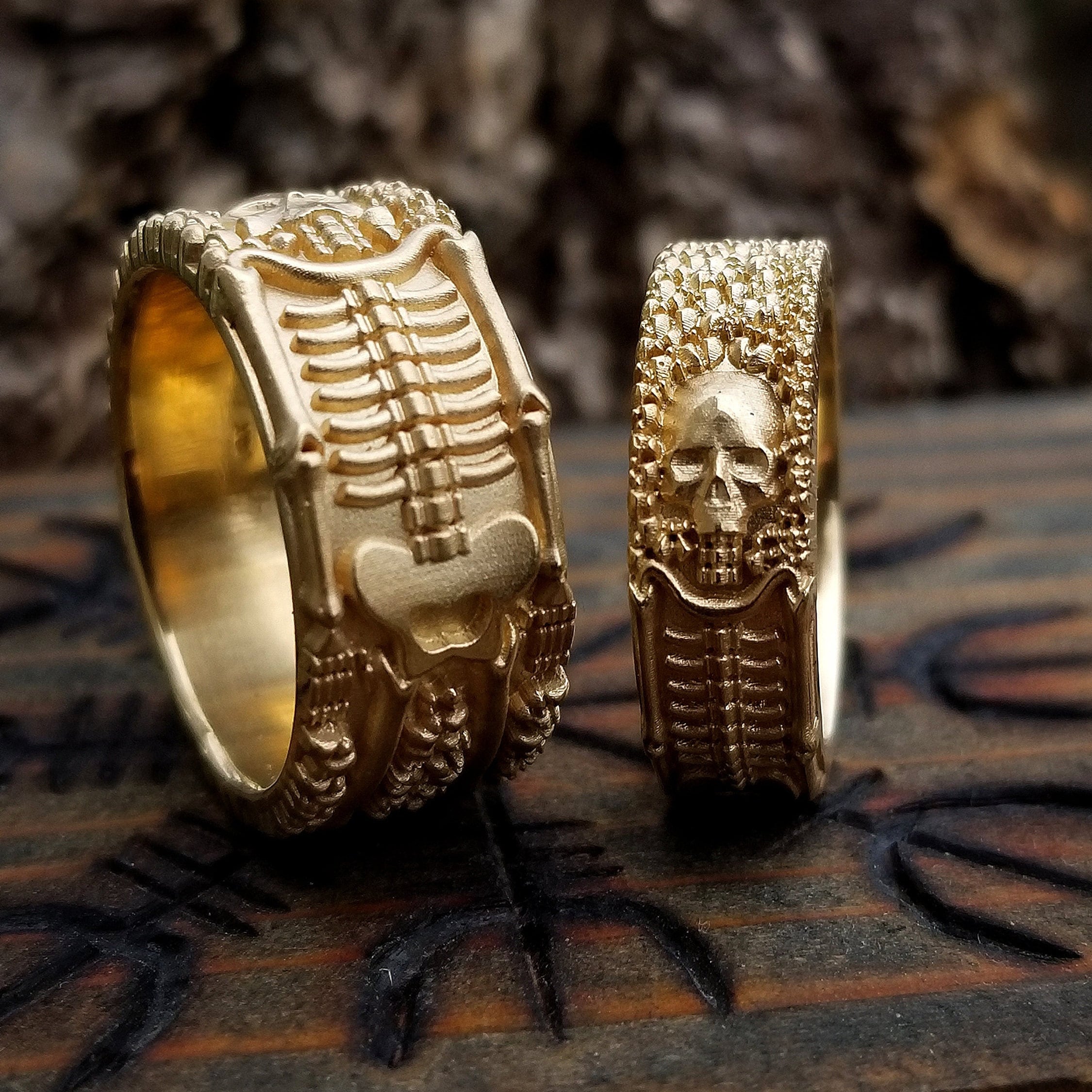 His & Hers Skeleton Wedding Band Set in 14k Gold - Matching Gothic Couple Rings for Halloween, Gothic Weddings & Alternative Lifestyle