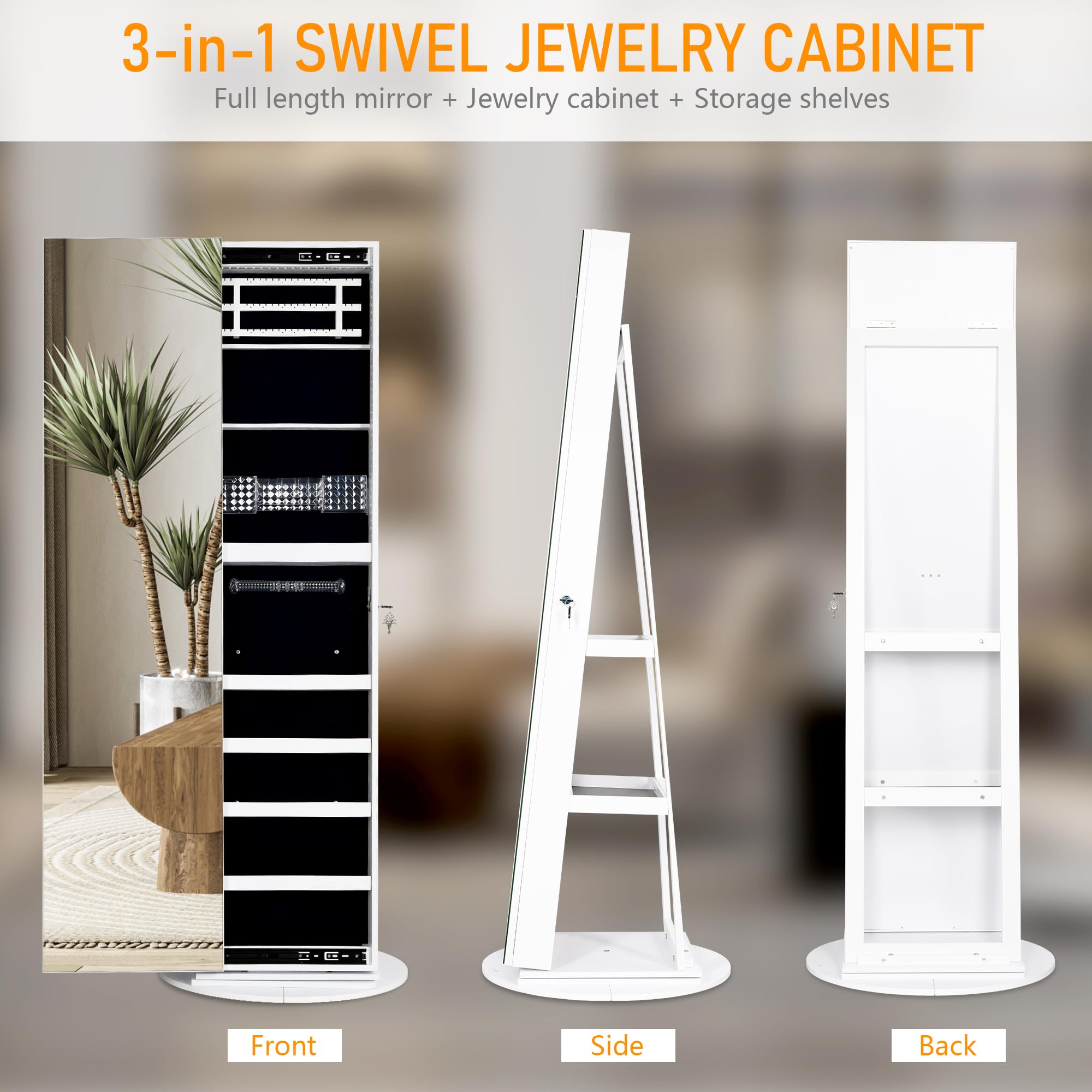360° Swivel Jewelry Mirror Cabinet with LED Lights - 63