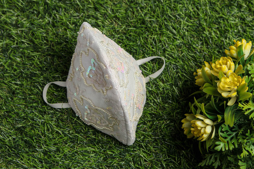 Handmade Beaded White Face Mask with Intricate Embroidery – Fashionable & Protective for Parties, Weddings, and Special Occasions