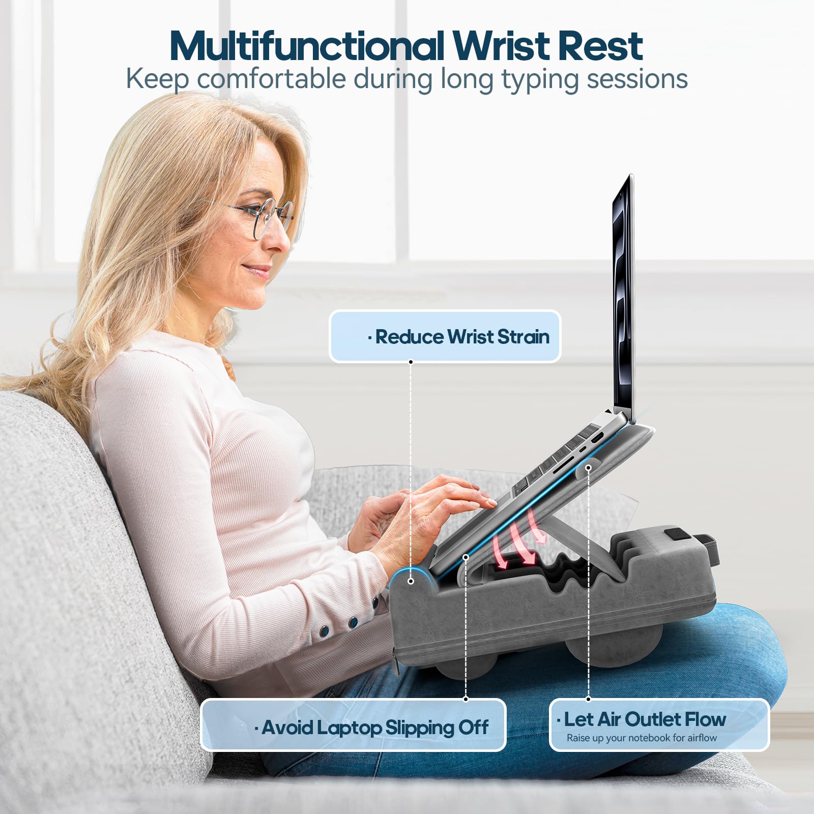 Adjustable Laptop Pillow with Storage - Portable Lap Desk Cushion for 16