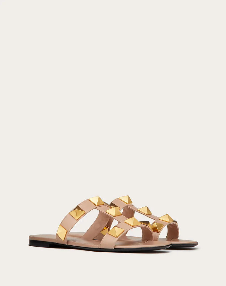Roman 2 Strap Slide Sandals for Women - Rose Gold Gladiator Summer Sandals | Comfortable Flat Sandals for Beach, Vacation & Casual Outfits