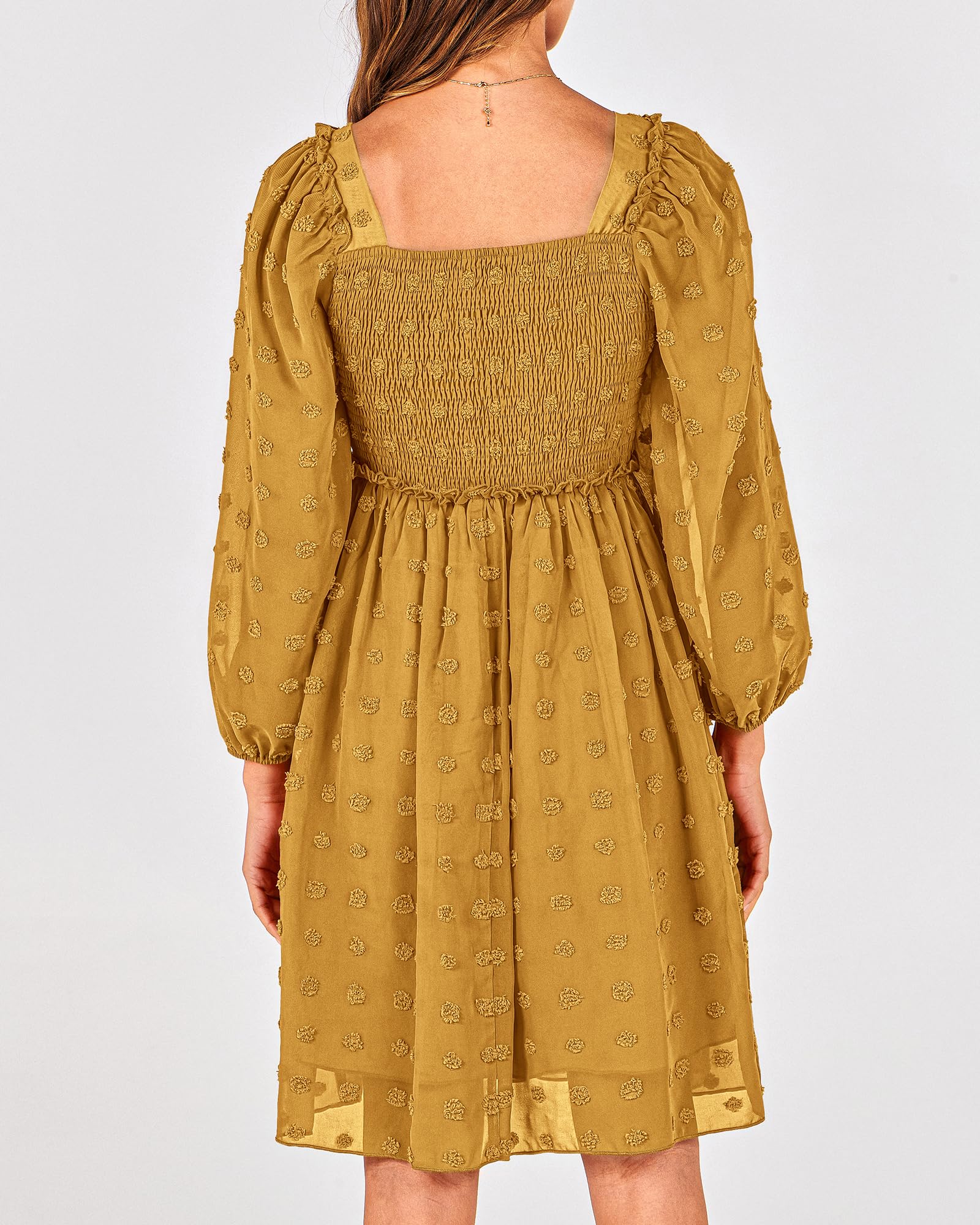 BTFBM Women's Floral Swiss Dot Smocked Mini Dress - Square Neck Long Sleeve Boho Dress for Wedding Guest, Spring & Summer 2025 | Perfect for Garden Parties, Bridal Showers & Date Nights