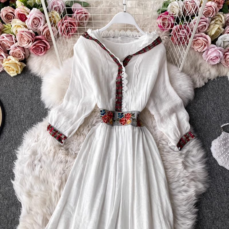Embroidered V-Neck Dress with Ruffle Trim - Elegant Long Skirt for Women | Perfect for Weddings, Parties & Special Occasions