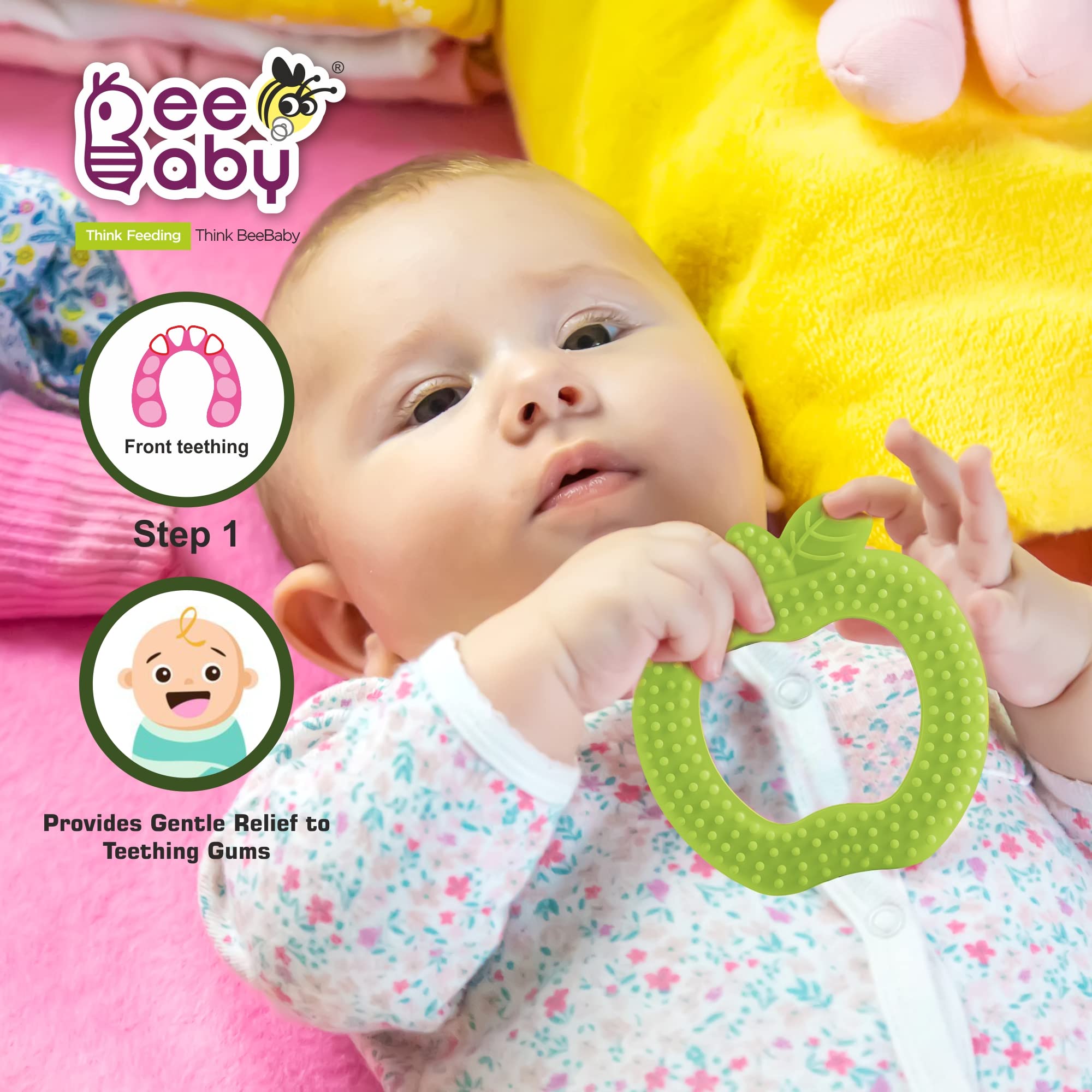 BeeBaby Apple-Shaped Soft Silicone Teether for Babies 3-6 Months | BPA-Free Teething Toy with Textured Surface for Gum Relief | Includes Carrying Case | 100% Food Grade Safe (Green Apple) - Perfect for On-the-Go Soothing & Early Dental Care
