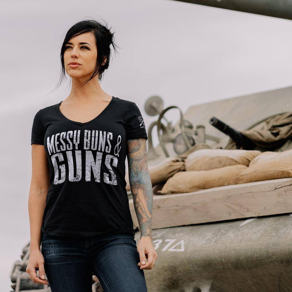 Women's Messy Buns & Guns V-Neck T-Shirt - Black | Soft Cotton Casual Tee for Workout, Gym & Everyday Wear