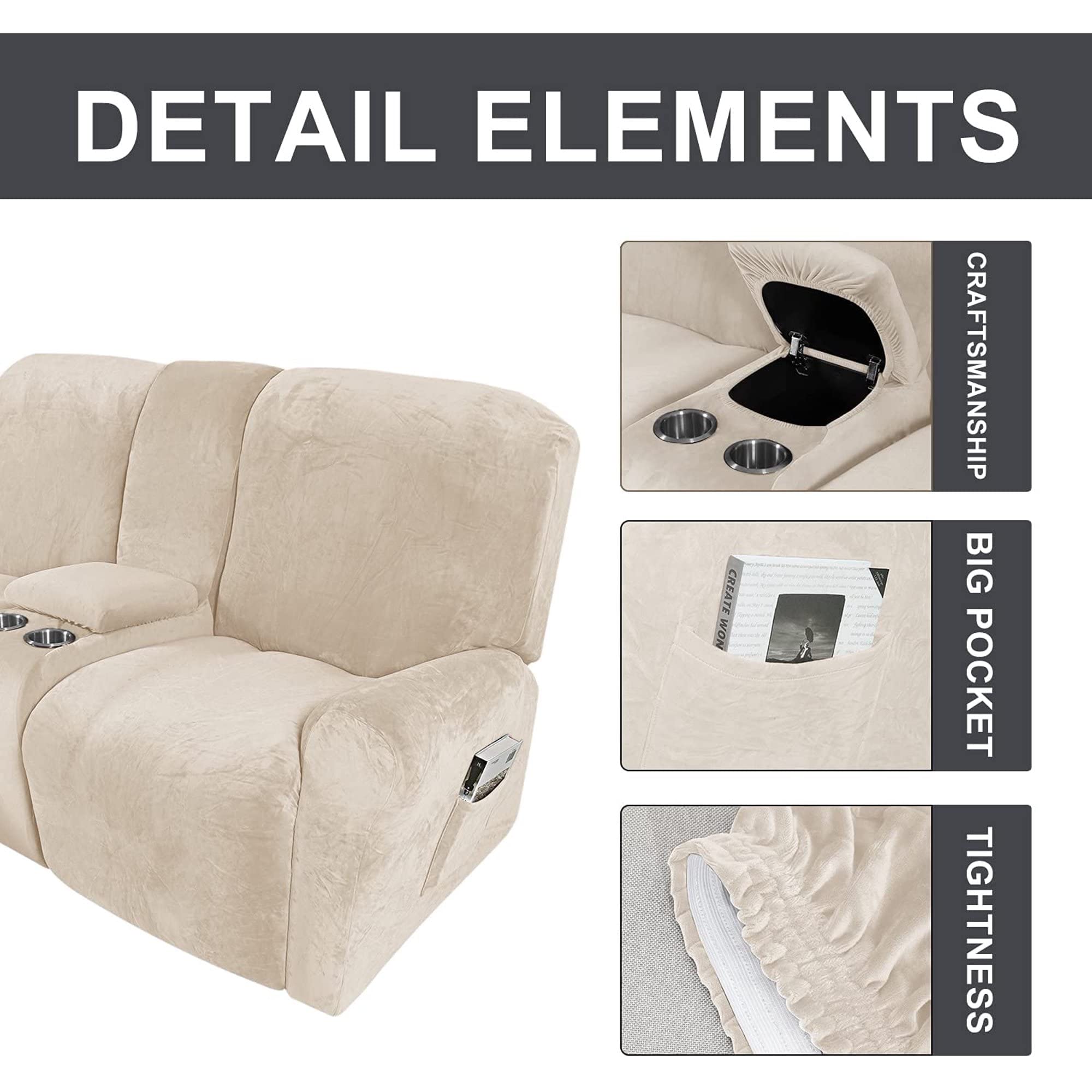 Velvet Stretch Recliner Sofa Slipcover with Cup Holders - 8-Piece Set for 2-Seat Love Seat Recliner with Middle Console | Thick, Soft & Machine Washable | Perfect for Living Room, Home Theater & Family Room (Beige)