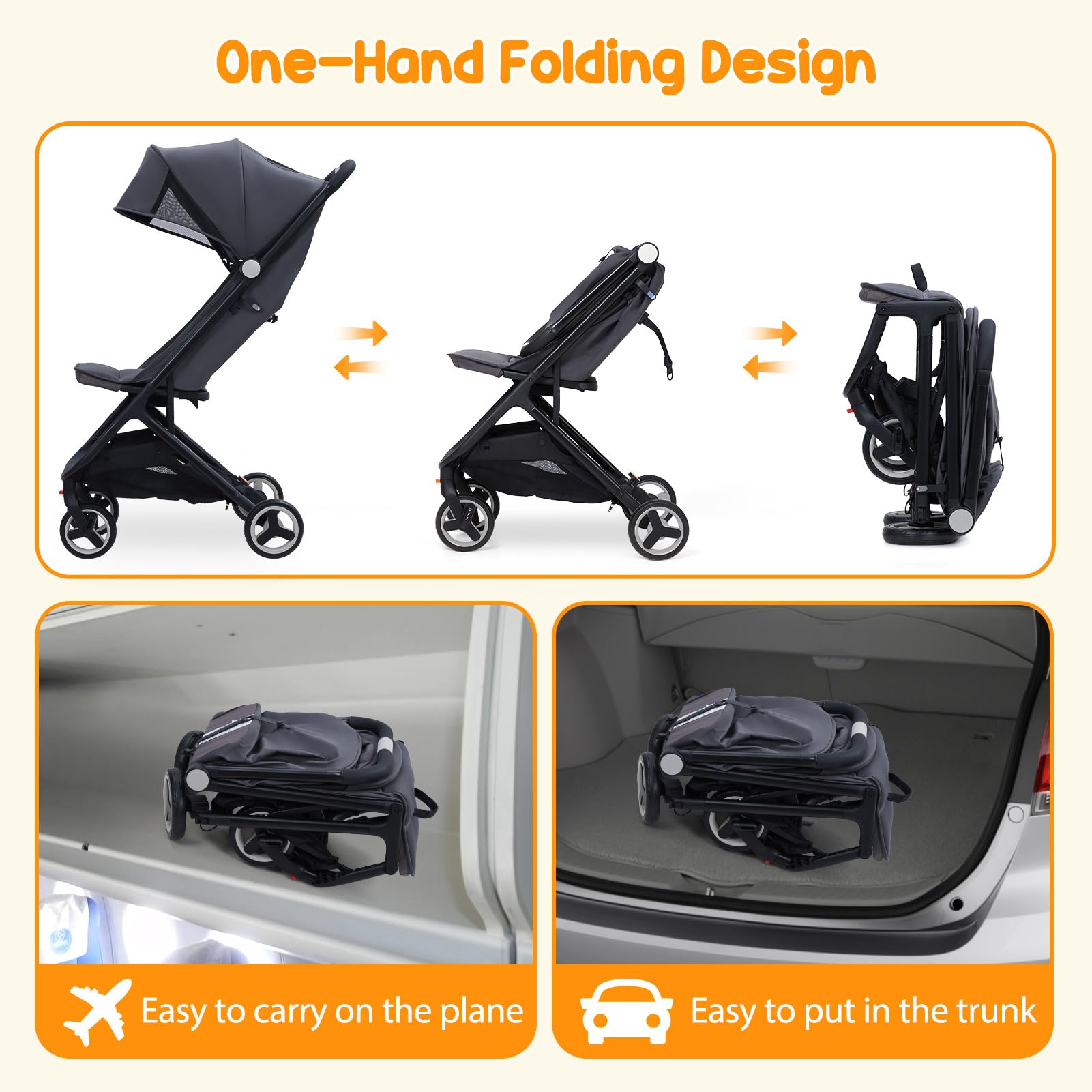 GAOMON Lightweight Compact Stroller - One Hand Fold, Airplane Friendly, Reclining Seat with Canopy & Smooth Suspension | Travel System Ready Black Baby Stroller for Travel, Shopping & Daily Use